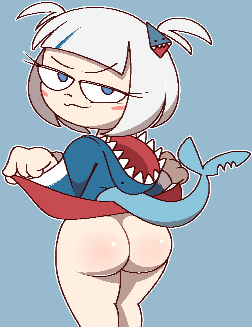 ass, big ass, big butt, blue eyes, cute, female, gawr gura, hololive, hololive english, hololive myth, hoodie, looking at viewer, looking back, presenting hindquarters, shark, shark girl, vilepluff, virtual youtuber, vtuber, white hair