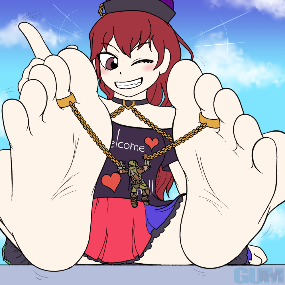 1boy1girl barefoot between_feet chained_wrists chains crossover dominant_female domination doom doom_slayer_(doom) feet foot_fetish foot_focus giant giantess gum-k hecatia_lapislazuli size_difference size_play smiling soles toe_ring toes touhou wink