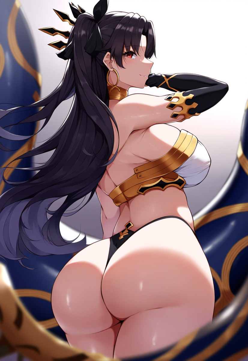 1girls ai_due ai_generated big_butt black_hair curvaceous curvy_female fat_ass fate/grand_order fate_(series) female female_only goddess huge_breasts ishtar_(fate) large_breasts panties red_eyes solo twintails voluptuous voluptuous_female