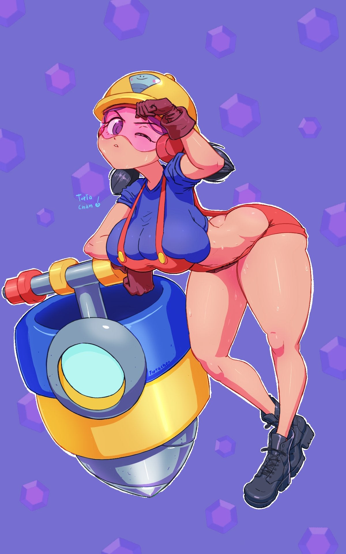 ass brawl_stars helmet jacky_(brawl_stars) large_breasts one_eye_closed pink-tinted_eyewear purple_eyes tinted_eyewear visor