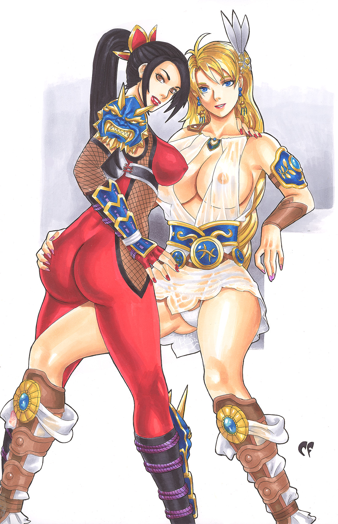 2girls, areolae, ass, bimbo, black hair, blonde hair, blue eyes, bodysuit, breasts, brown eyes, chris foulkes, cleavage, earrings, erect nipples, female, female only, human, interracial, kunoichi, large breasts, lipstick, long hair, looking at viewer, looking back, milf, multiple females, namco, nipples, nipples visible through clothing, panties, ponytail, revealing clothes, see-through, skin tight, smile, sophitia alexandra, soul calibur, straight hair, taki (soulcalibur), tight clothing, white panties, yuri