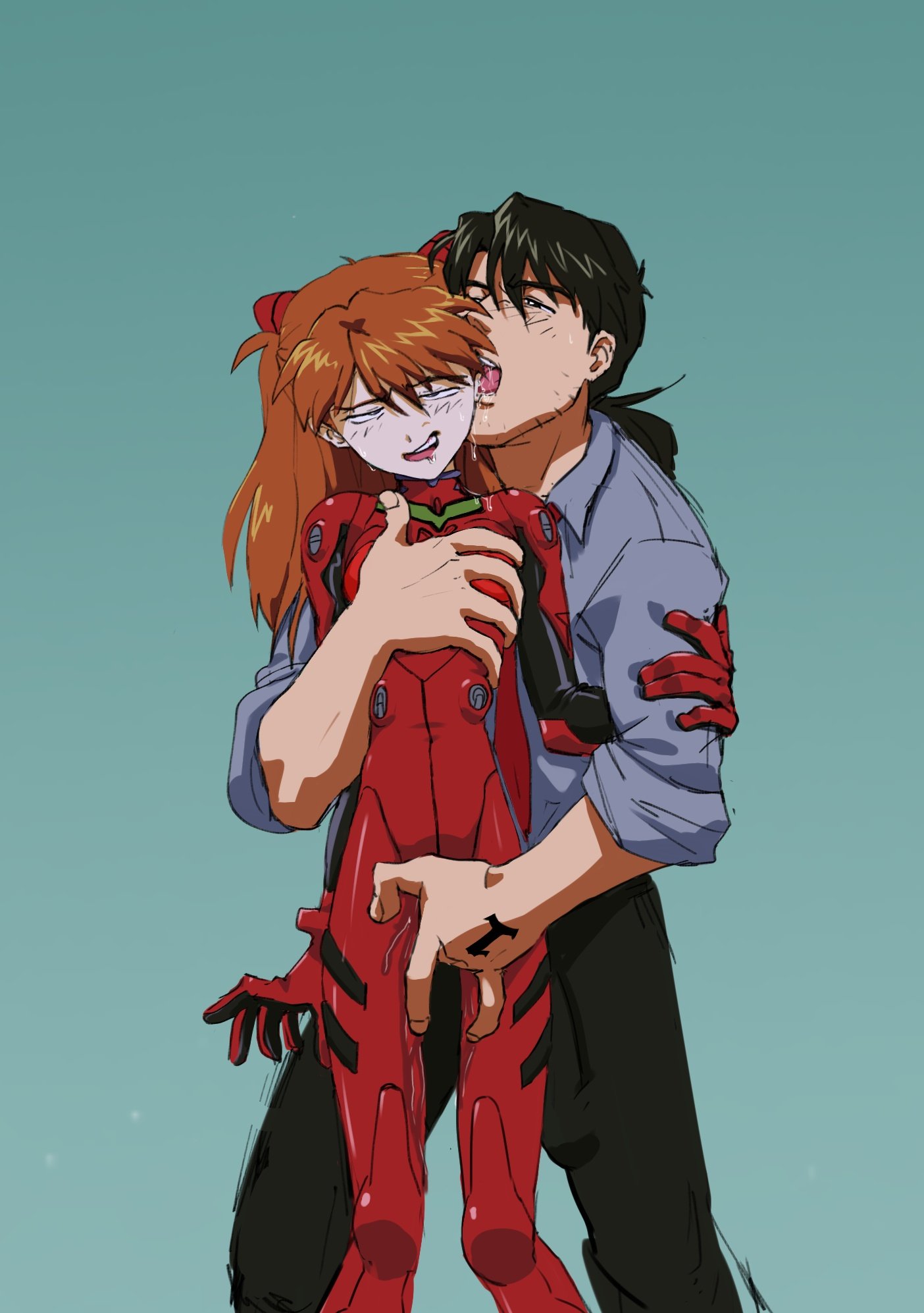 1boy amondetauro asuka_langley_sohryu black_pants blue_shirt bodysuit female fingering fingering_through_clothes groping_breasts groping_from_behind highres licking necktie neon_genesis_evangelion older_male older_male_younger_female older_man older_man_and_teenage_girl older_man_and_younger_girl older_penetrating_younger open_mouth pants pilot_suit plugsuit red_bodysuit ryoji_kaji saliva shirt simple_background teen teenage_girl teenager teeth young younger_female