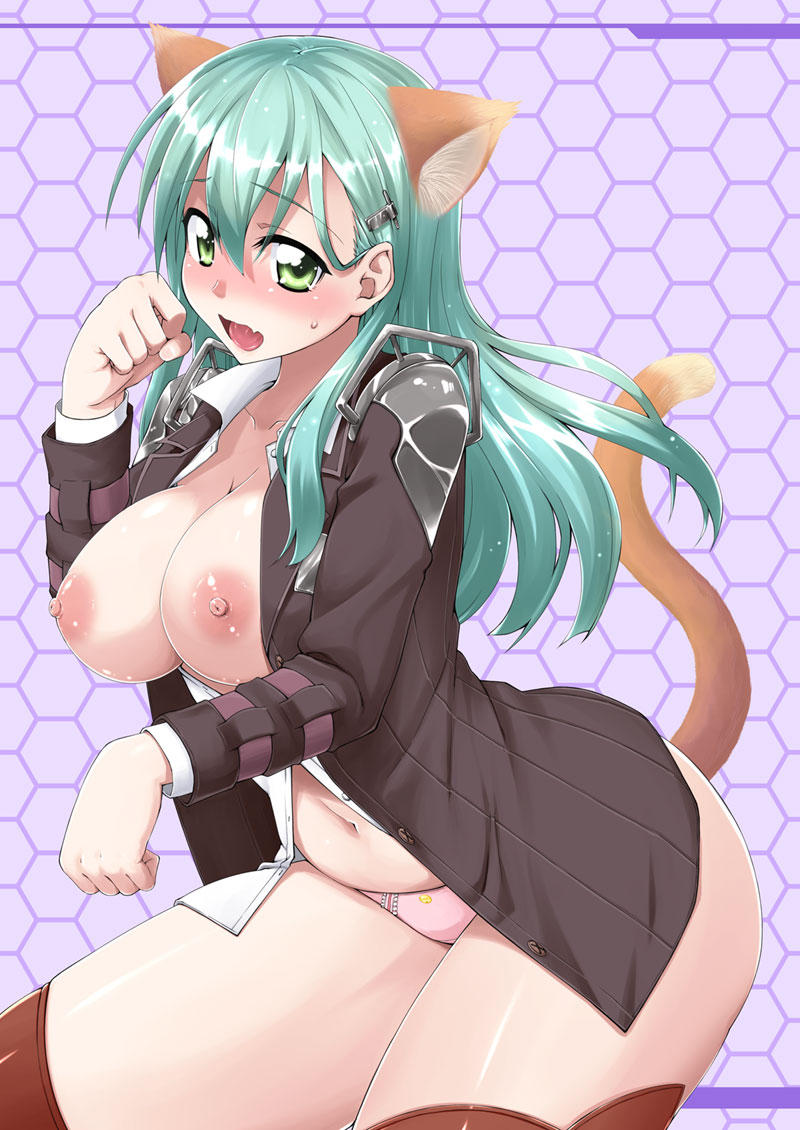 animal_ears aqua_hair areolae blush breasts breasts_out cat_ears cat_tail curvy female green_eyes hair_ornament hairclip jacket kantai_collection large_breasts long_hair looking_at_viewer mikagami_sou navel nipples open_clothes open_jacket open_mouth panties school_uniform smile solo suzuya_(kantai_collection) tail thick_thighs thighhighs tongue underwear wide_hips