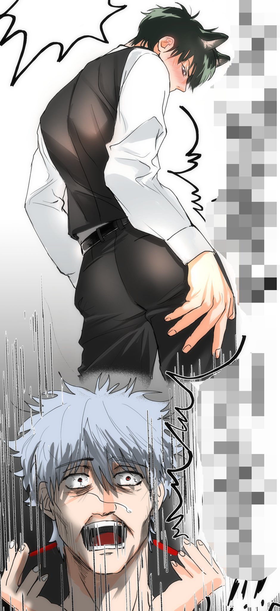 2boys ass ass_focus black_hair blush cat_ears catboy censored_text fully_clothed gay gintama gintoki_sakata hijikata_toshiro humor looking_back male male_only mosaic_censoring omodongmodong solo_focus surprised uniform yaoi