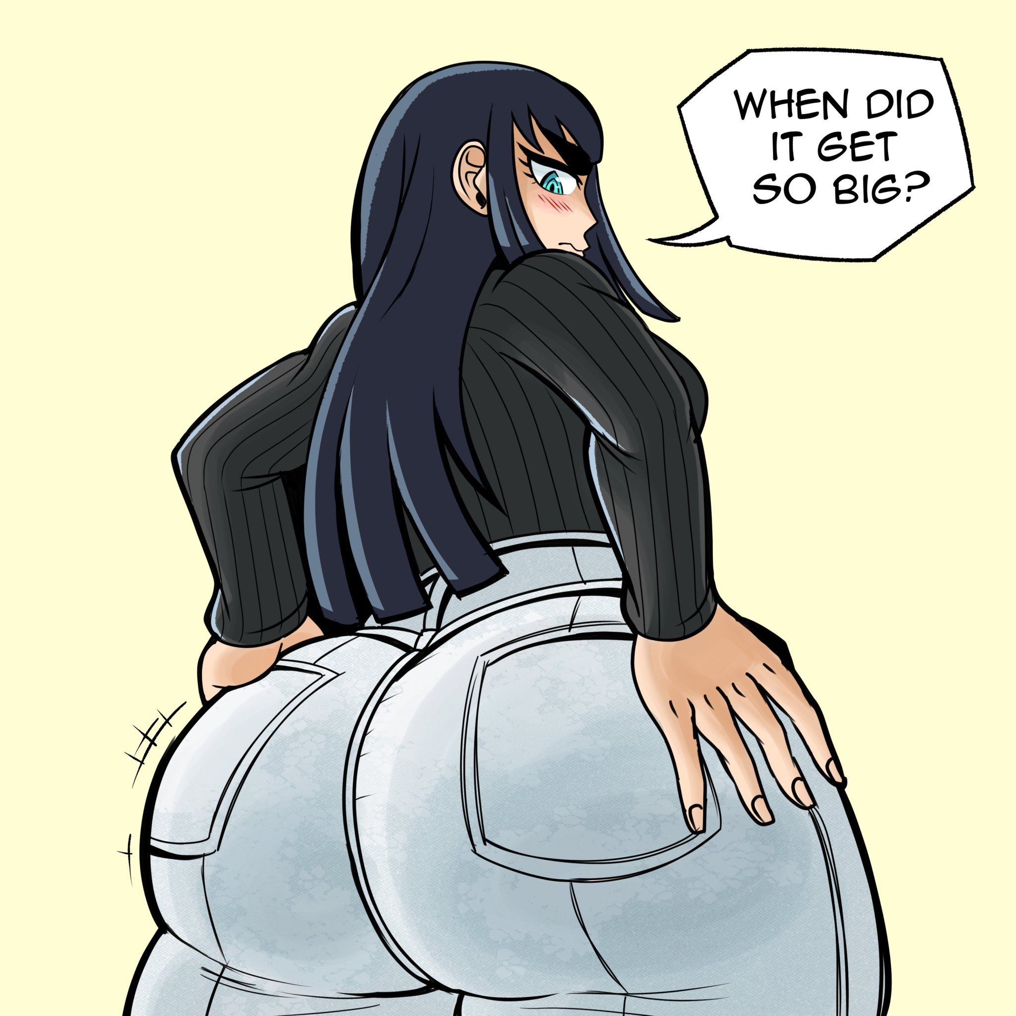 1girls, ass, ass expansion, ass focus, big ass, black hair, blue eyes, blush, bottom heavy, curvy, dialogue, dual dragon, fat ass, female, female only, fully clothed, hands on ass, huge ass, jeans, kill la kill, kiryuuin satsuki, looking at self, looking back, no background, shirt, solo, thick ass