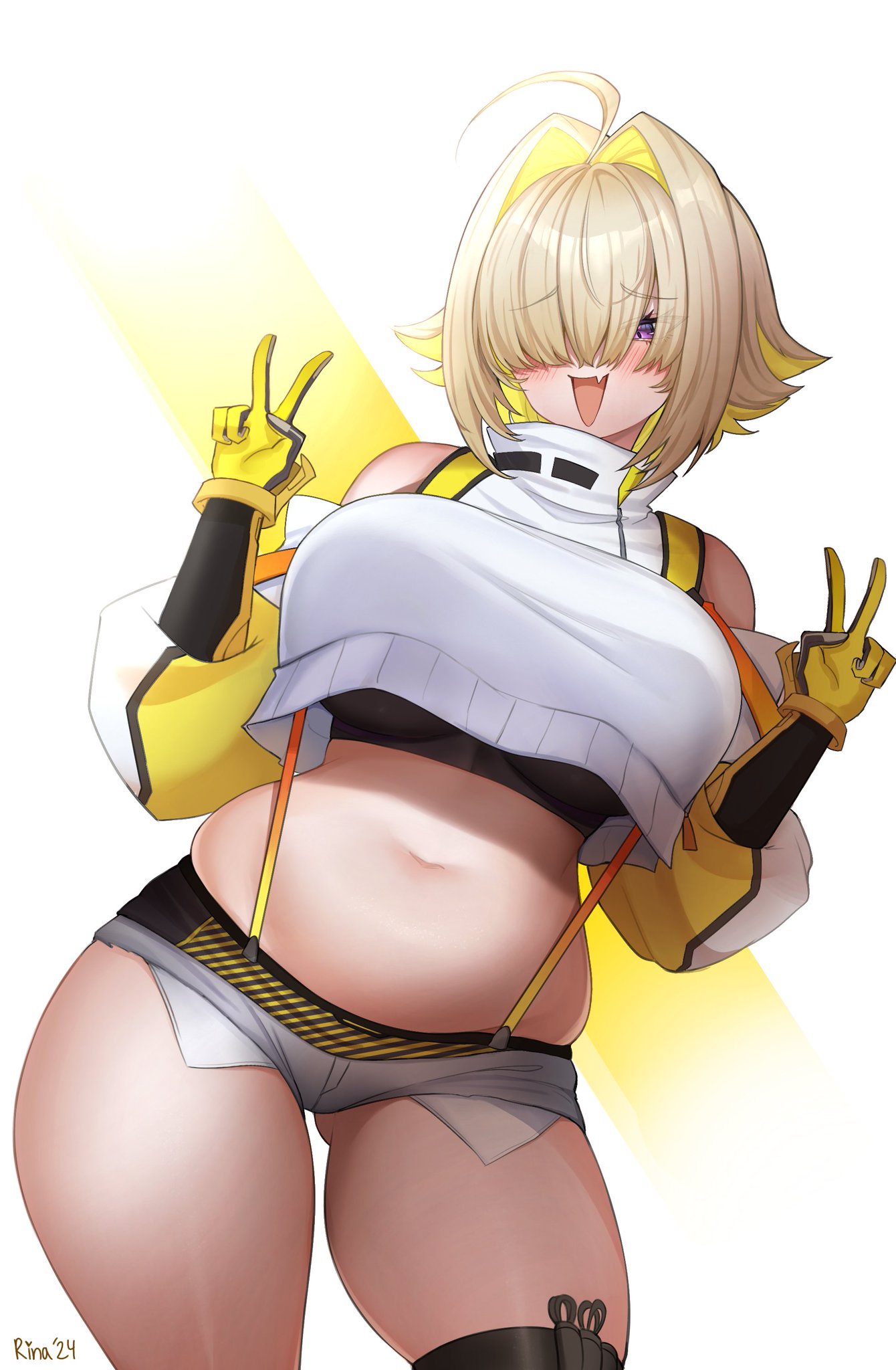 1girls, ahoge, bare shoulders, big breasts, black top, blonde hair, blush, booty shorts, breasts, chubby, chubby belly, chubby female, cute fang, double peace sign, double v, elegg (nikke), female, female only, gloves, goddess of victory: nikke, hair over one eye, light skin, light-skinned female, midriff, navel, pale skin, pale-skinned female, peace sign, purple eyes, short shorts, shorts, suspenders, thick thighs, thigh strap, two-tone hair, underboob, v, v sign, white jacket, yellow gloves