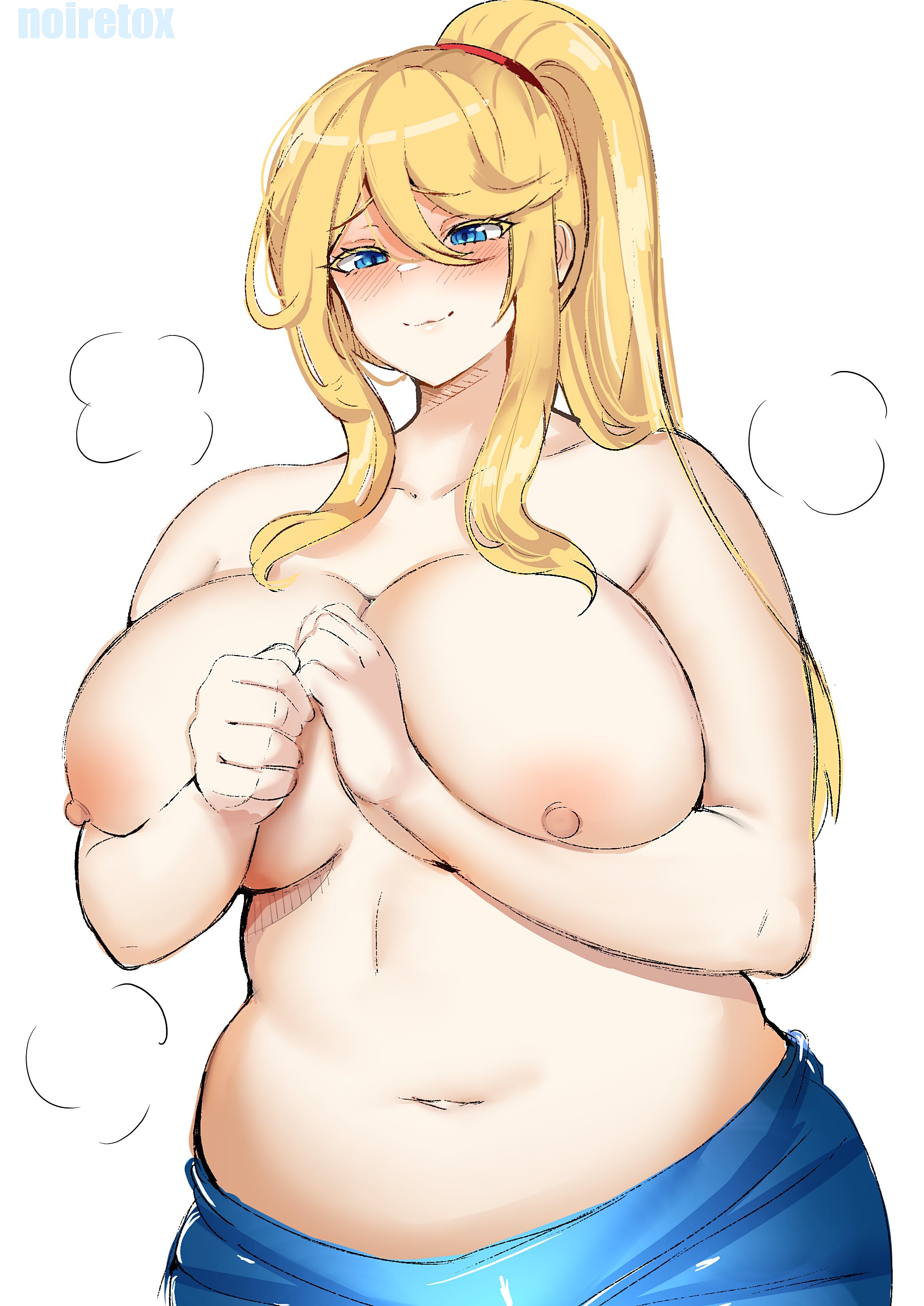 :3, 1girls, bbw, big breasts, blonde hair, blue eyes, blush, breasts, chubby, fat, female, female only, hair between eyes, holding breast, large breasts, light skin, light-skinned female, long hair, metroid, noiretox, obese, ponytail, samus aran, solo, thick, topless, white background