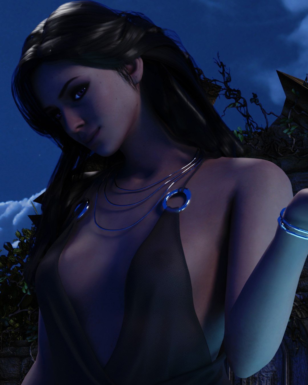 3d black_dress black_hair breasts darklordiiid female light-skinned_female nipples_visible_through_clothing purple_eyes solo the_witcher_(series) the_witcher_3:_wild_hunt yennefer