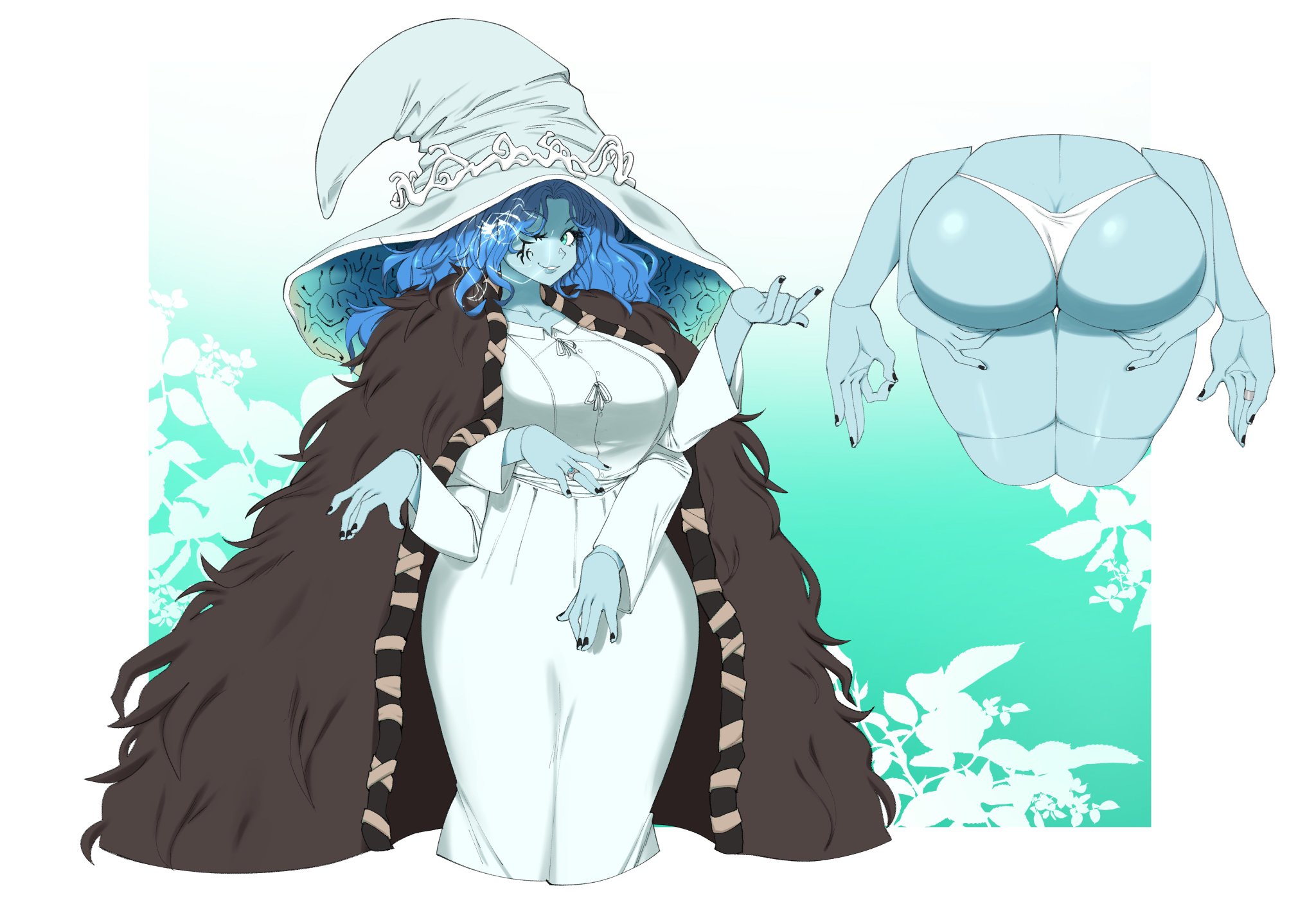 4 arms, ass, big ass, big breasts, big butt, blue body, blue eyes, blue hair, blue skin, breasts, bubble ass, bubble butt, elden ring, female, large breasts, mossy (artist), multi arm, multi limb, ranni the witch, simple background