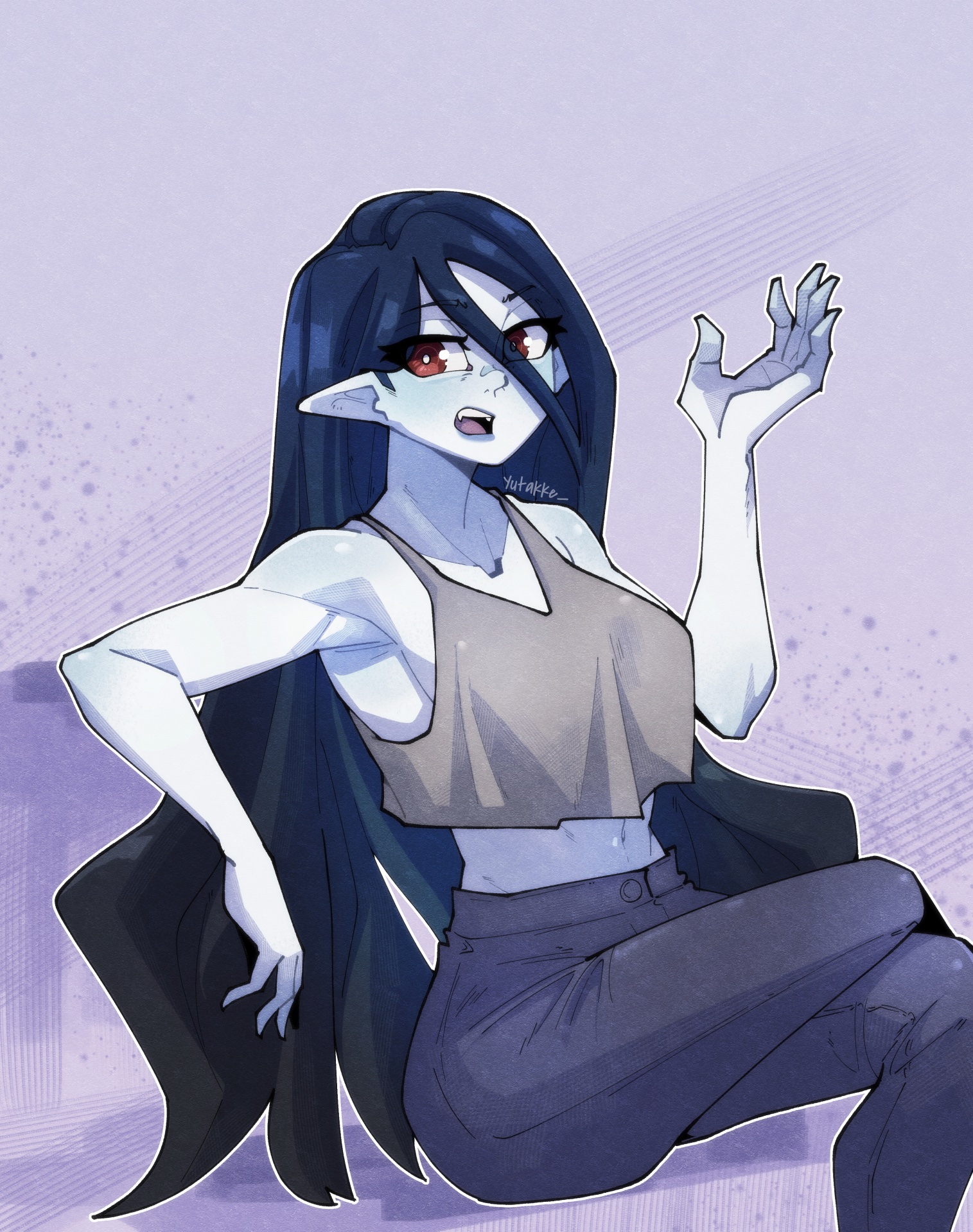1girls, 2022, adventure time, armpits, belly, belly button, cartoon network, cleavage, crop top, eyes visible through hair, fangs, female, female focus, fully clothed, long hair, looking at viewer, marceline, open mouth, pants, signature, sitting, solo, solo female, solo focus, vampire, yutakke