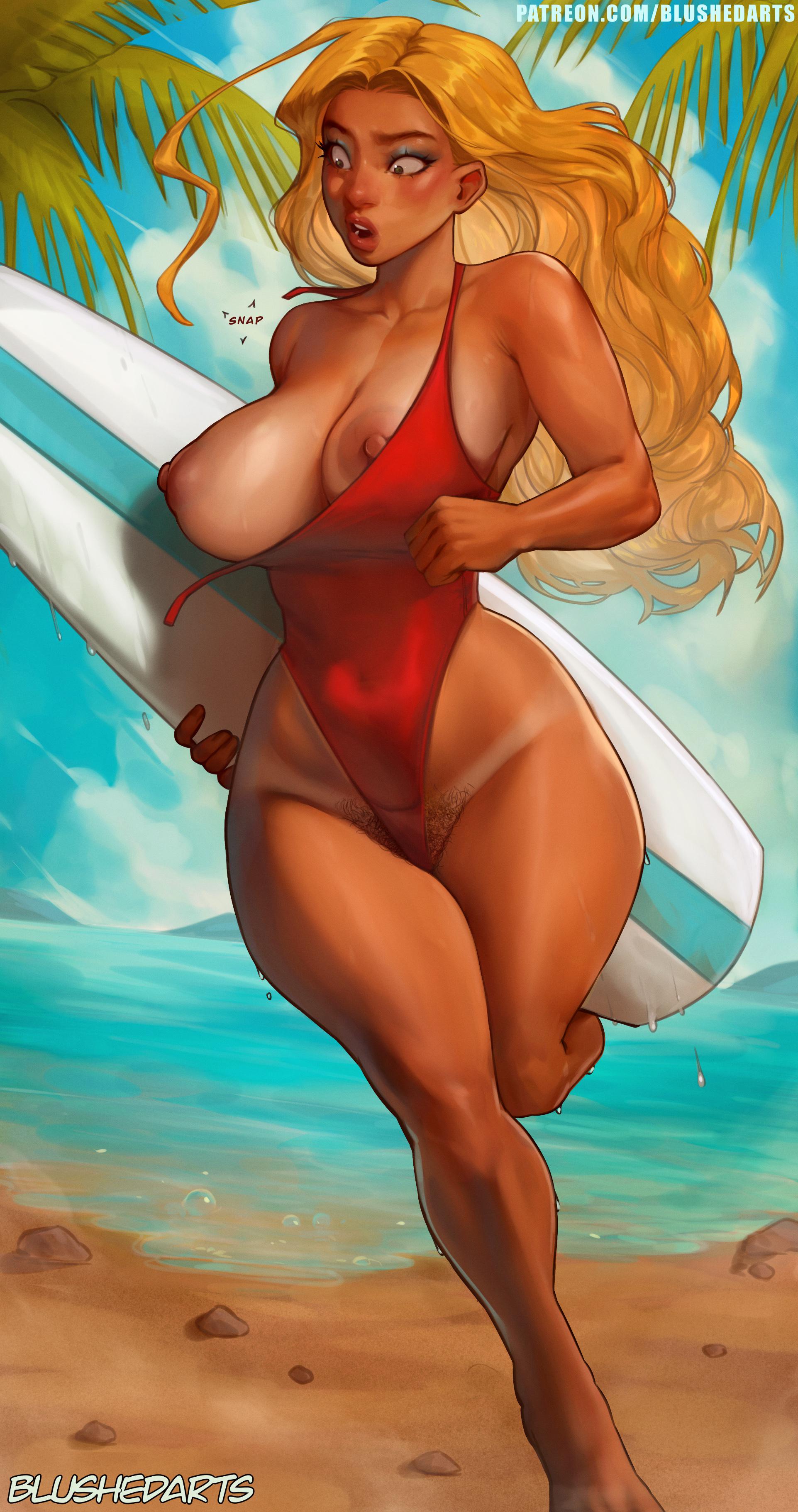 1girls, artist name, athletic, athletic female, barefoot, barely contained, barely visible genitalia, barely visible pussy, beach, beachside, big breasts, biracial, blonde hair, blush, blushedarts, breasts, breasts bigger than head, breasts out, breasts out of clothes, brown skin, brown skinned female, carpet not matching drapes, caucasian, caucasian female, curvaceous, curvaceous female, curvy female, dark skin, dark-skinned female, embarrassed, embarrassed expression, embarrassed nude female, exposed breasts, eyeshadow, female, female human, female only, fit, fit female, full lips, gal, hawaiian, holding object, holding surfboard, hourglass figure, human, large breasts, lifeguard, lifeguard (lilo and stitch), lilo and stitch, long hair, mature female, muscular, muscular arms, nipples, olive skin, olive skinned female, one piece swimsuit, one-piece swimsuit, open mouth, outdoors, patreon username, pubic hair, pubic hair peek, pubic stubble, pussy, red swimsuit, running, slim waist, solo, solo female, surfboard, surprised, surprised expression, swimsuit, tagme, tall, tall female, tanline, tanlines, tanned, tanned female, tanned skin, thick thighs, voluptuous, wardrobe malfunction, wide hips