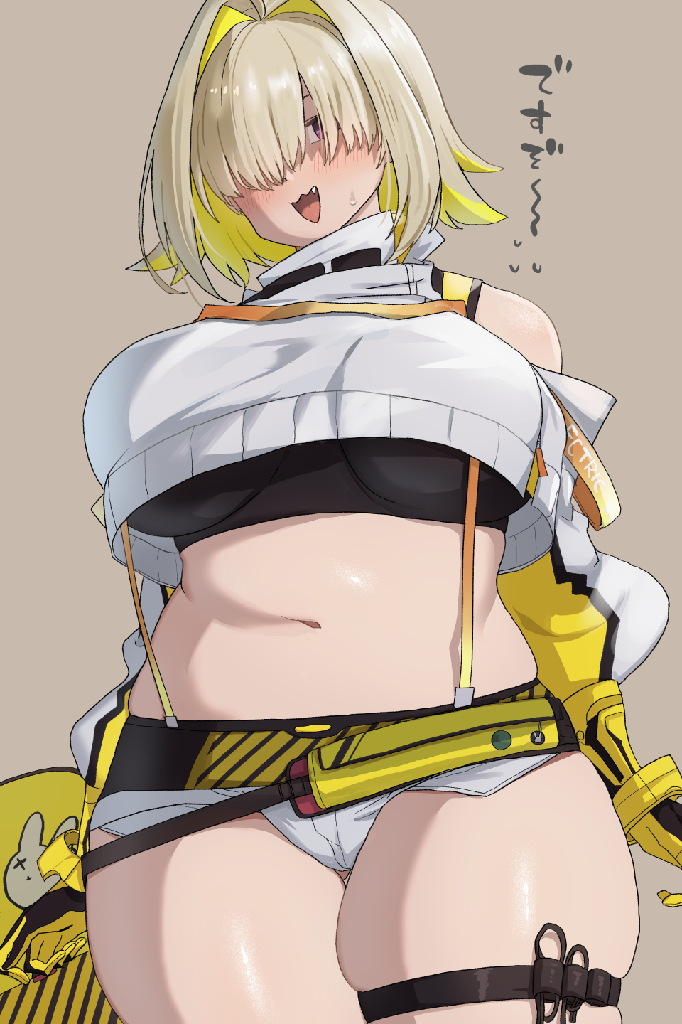 1girls :3 bare_shoulders blonde_hair blush booty_shorts cowboy_shot crop_top cute_fang elegg_(nikke) female gloves goddess_of_victory:_nikke hair_intakes hair_over_eyes head_tilt large_breasts looking_at_viewer multicolored_hair navel open_mouth purple_eyes short_shorts shorts skindentation solo sweatdrop takeura thick_thighs thigh_strap thighs two_tone_hair