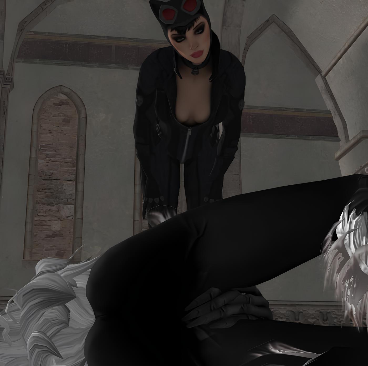 2girls 3d alstair2 batman_(series) black_cat black_cat_(marvel) catwoman catwoman_(arkham) crossover crotch cuntbusting dc felicia_hardy female female_only human human_only lowblow marvel no_bra selina_kyle spider-man_(series) unzipped unzipped_bodysuit