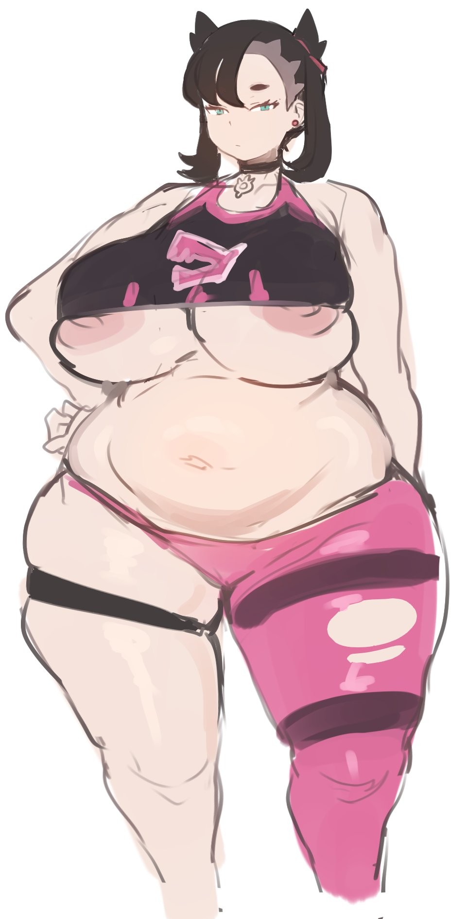 1girls, alternate breast size, areola slip, areolae, belly, belly button, big breasts, breasts, cham22, chubby, fair-skinned female, female, goth girl, huge breasts, light skin, light-skinned female, marnie (pokemon), nipple slip, pale skin, pale-skinned female, pink nipples, pokemon, thick thighs, thigh highs