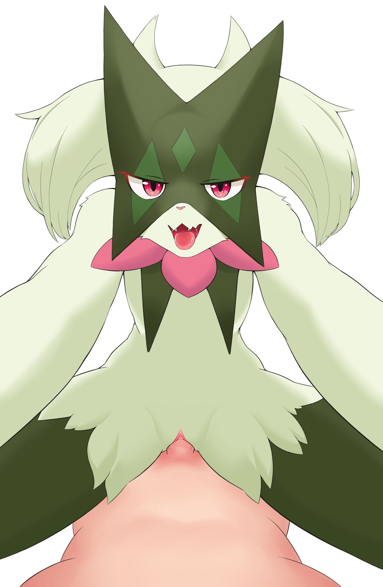 anthro duo female fur generation_9_pokemon genitals green_body green_fur hi_res human loval male male/female mammal meowscarada nintendo open_mouth penetration pokemon pokemon_(species) pussy simple_background vaginal_penetration vaginal_penetration white_background