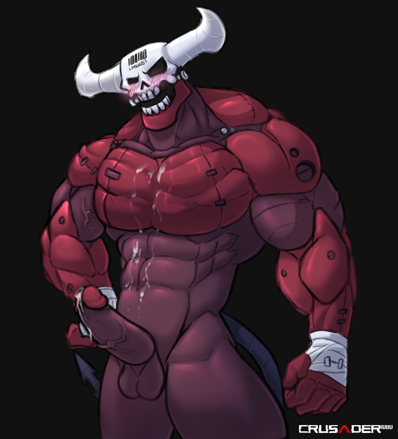 abs bara biceps blush crusader1080 cum cum_drip cum_on_body cum_on_self demon erection gay helltaker humanoid humanoid_penis male male_only muscular muscular_male naked pecs red_skin solo subject_67_(helltaker)