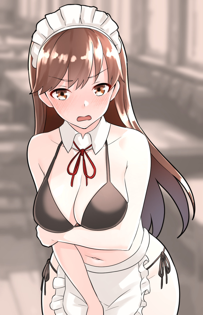 alternate_costume apron bikini black_bikini blurry blurry_background breasts brown_eyes brown_hair detached_collar embarrassed female female_only frilled_apron frills furaggu_(frag_0416) highres kantai_collection long_hair maid maid_apron maid_bikini maid_headdress medium_breasts navel ooi_(kantai_collection) open_mouth side-tie_bikini_bottom solo solo_female swimsuit unconventional_maid waist_apron white_apron