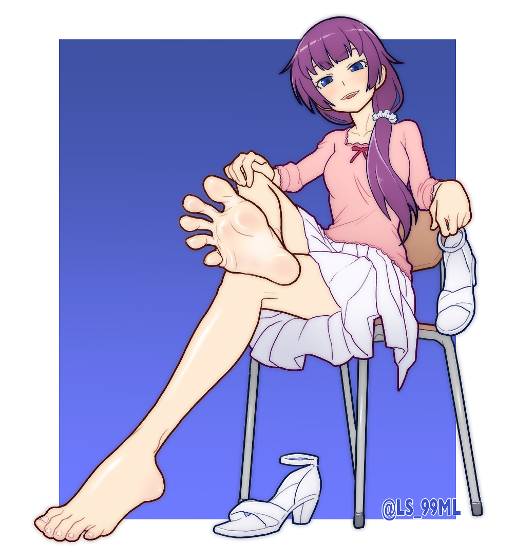 5_toes barefoot blue_eyes chair crossed_legs feet female foot_fetish foot_focus hand_on_own_knee holding holding_shoes light_blush long_hair looking_at_viewer monogatari_(series) nisemonogatari open_mouth purple_hair scrunchie senjougahara_hitagi shoes sitting soles toes tsukimaru_(ls_99ml) unworn_shoes