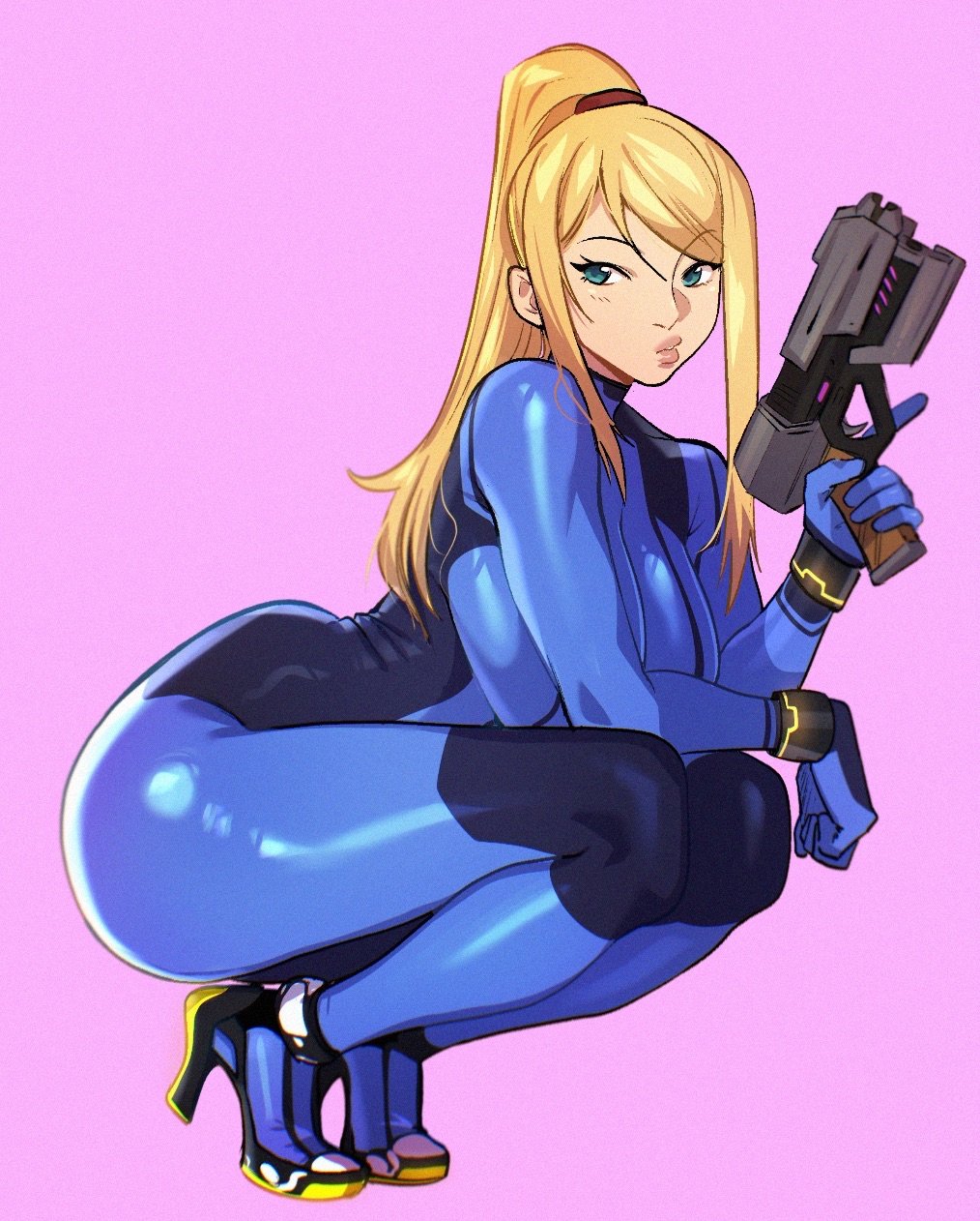 1girls, ass, big ass, big breasts, blonde, blonde female, blonde hair, blue eyes, breasts, female, female focus, female only, gun, heels, kukumomo, long hair, looking at viewer, metroid, ponytail, samus aran, simple background, solo, solo female, solo focus, squatting, tagme, thick thighs, wide hips, zero suit samus