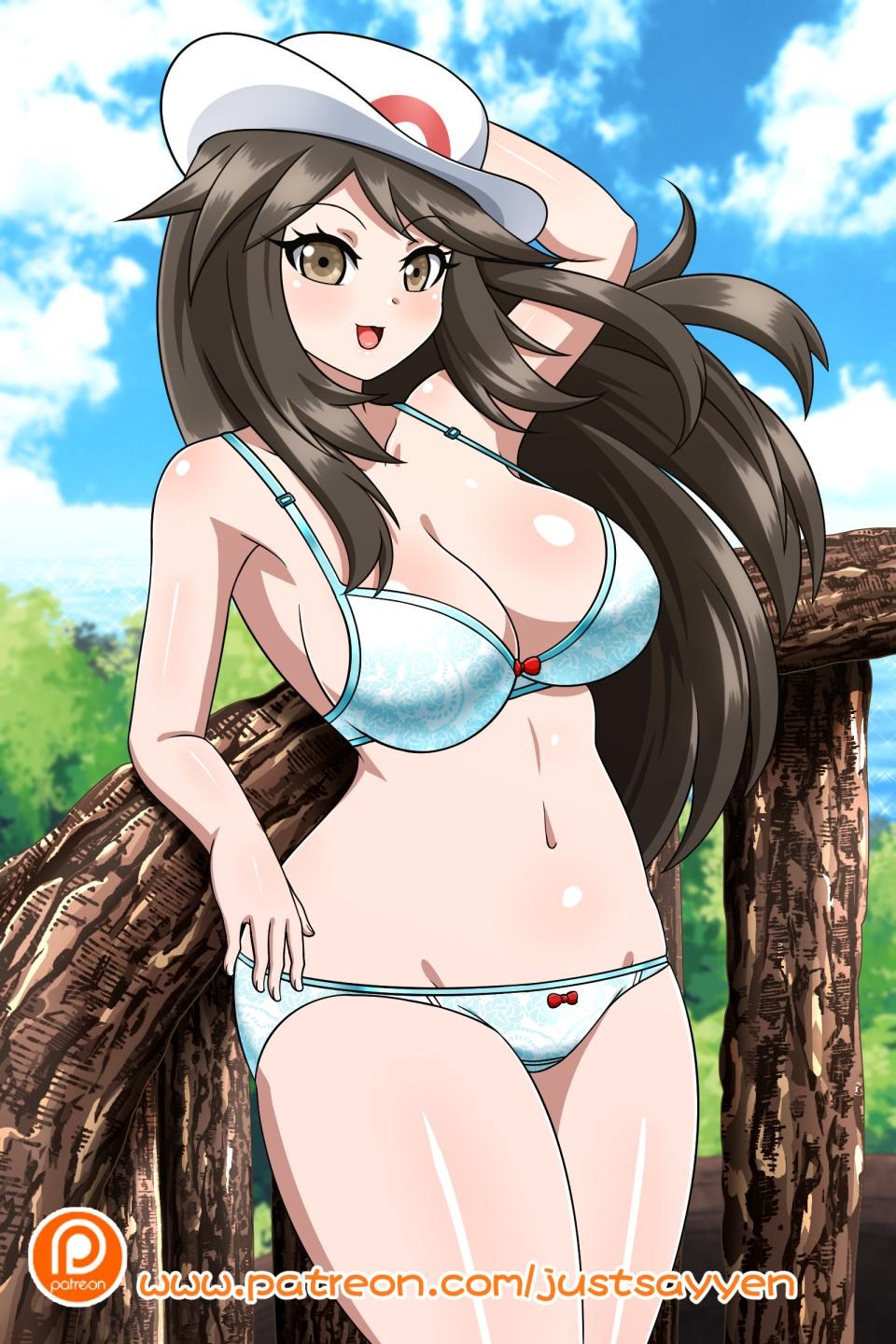 blue_bra blue_panties blue_underwear bra breasts brown_eyes brown_hair brown_hair_female game_freak green_(pokemon) huge_breasts large_breasts leaf_(pokemon) navel nintendo outdoor outdoors outside panties pokemon pokemon_rgby solo stomach underwear wide_hips yensh