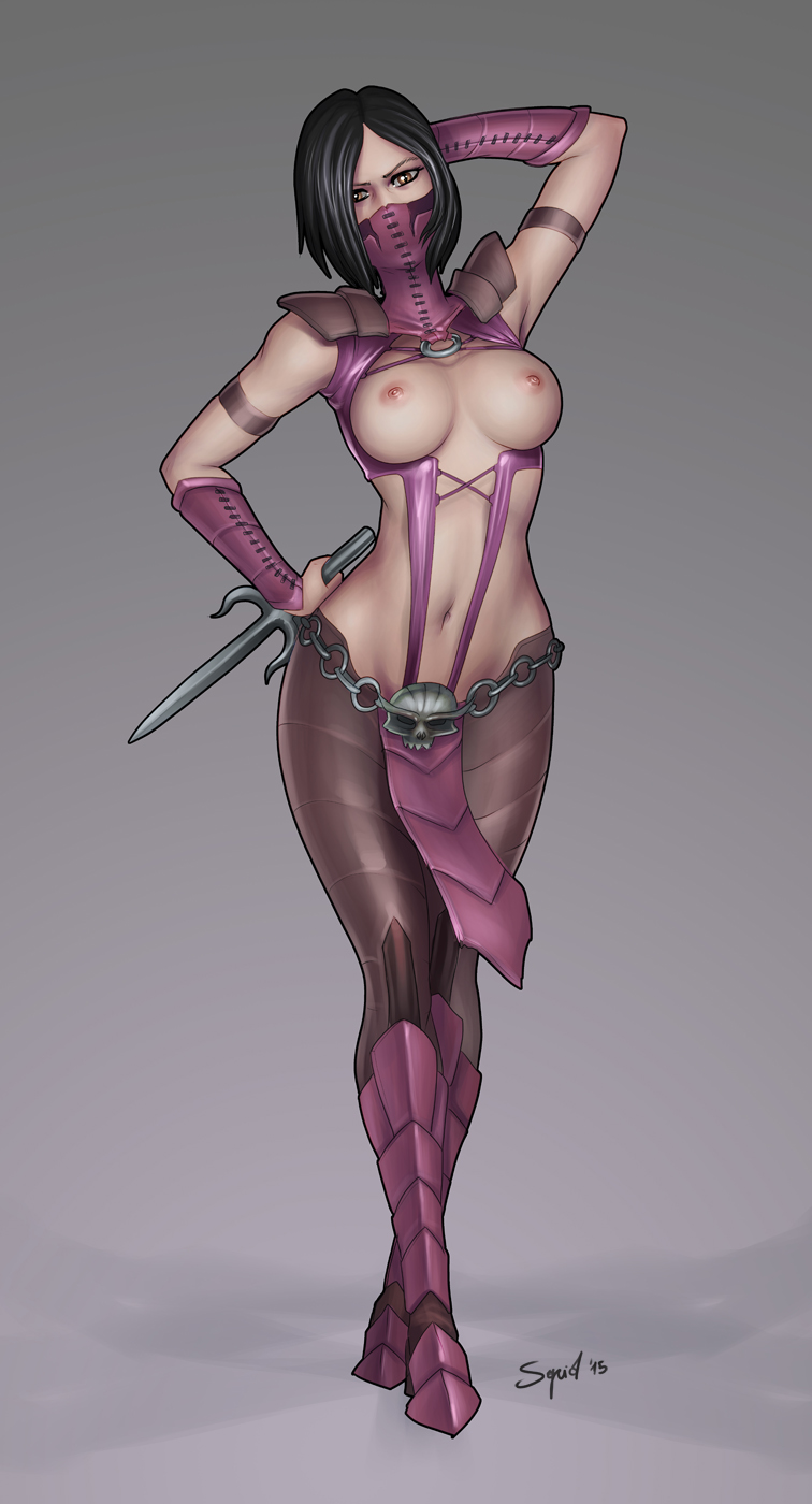 1girls 2015 2d arm_behind_head arm_up armlet belt black_hair boots breasts breasts_out brown_eyes detached_sleeves female female_only hand_on_hip handdrawn loincloth looking_at_viewer mask mileena mortal_kombat mortal_kombat_x navel netherrealm_studios ninja nipples pose radsquid sai_(weapon) short_hair solo standing weapon