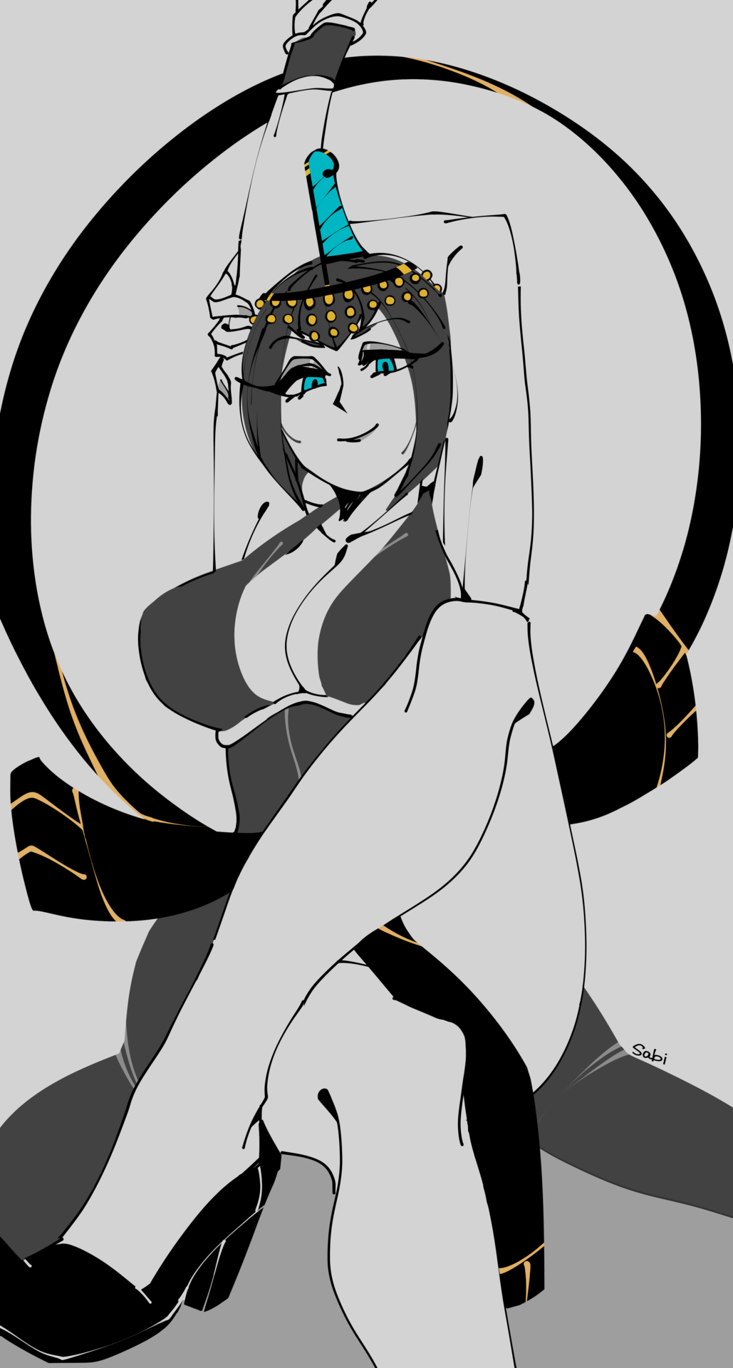 2017 armpits arms_up black_hair blue_eyes bob_cut breasts circlet crossed_legs dress egyptian eliza_(skullgirls) female grey_background greyscale high_heels highres large_breasts looking_at_viewer looking_down monochrome sabi short_hair skullgirls smile solo