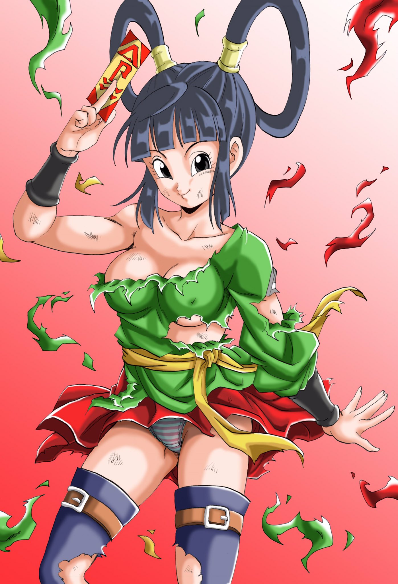 arm_at_side bare_arms bare_shoulders belt black_hair black_thighhighs blunt_bangs breasts chinese_clothes cleavage clothes_lift collarbone commentary_request covered_erect_nipples cowboy_shot dirty dirty_clothes dirty_face dragon_ball dragon_ball_super eyelashes female fingernails gradient_background green_shirt hair_rings hand_up highres holding holding_paper looking_at_viewer medium_breasts midriff ofuda panties paper pink_background pink_panties red_background red_skirt shirt sidelocks simple_background skirt skirt_lift smile solo striped_clothes striped_panties thighhighs torn_clothes torn_shirt torn_skirt torn_thighhighs two-tone_panties underboob underwear white_background white_panties wind wind_lift wristband yurin zettai_ryouiki