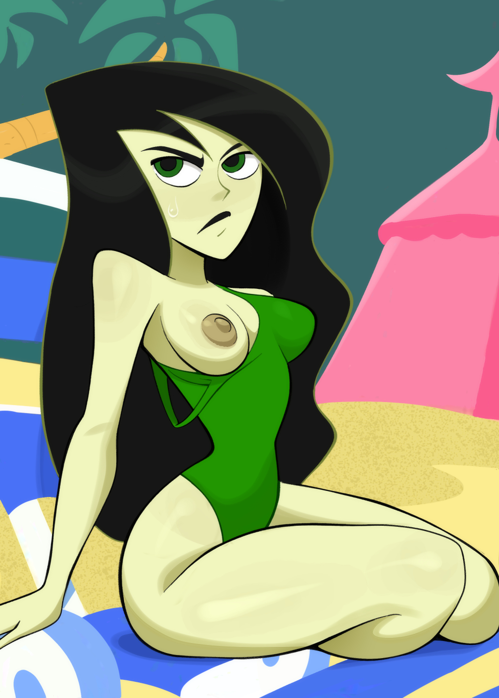 1girls 2024 beach big_areola disney disney_channel female female_only green_eyes green_skin kim_possible long_hair newguy1091 nipples one_breast_out shego small_breasts solo swimsuit