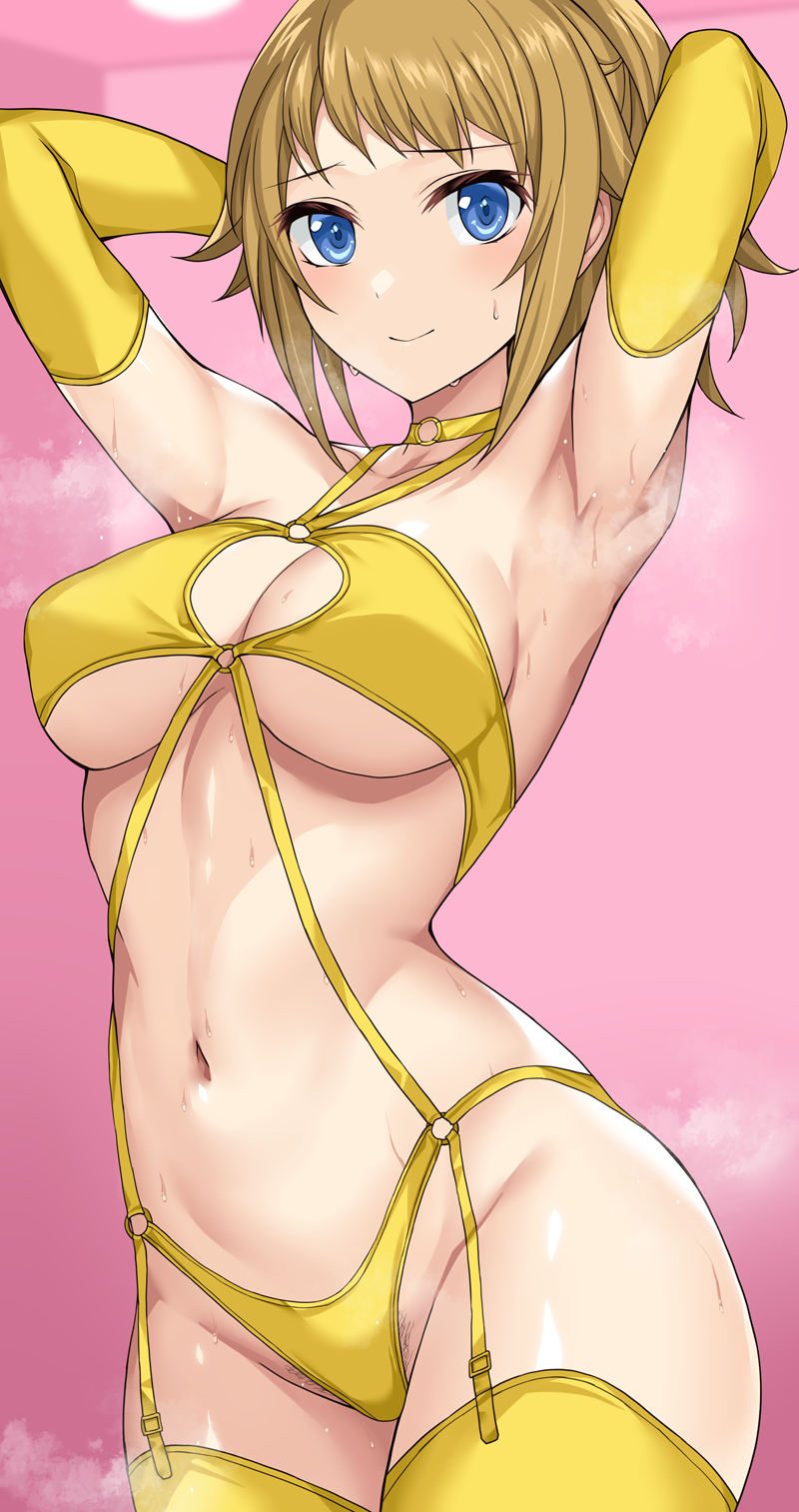 armpits arms_up bare_shoulders bikini blue_eyes blush breasts brown_hair choker cleavage cleavage_cutout closed_mouth clothing_cutout collarbone commentary_request contrapposto cowboy_shot criss-cross_halter elbow_gloves female female_pubic_hair garter_straps gloves groin gundam gundam_build_fighters gundam_build_fighters_try halterneck highres hoshino_fumina looking_at_viewer medium_breasts navel nirowata ponytail pubic_hair pubic_hair_peek short_hair sidelocks smile solo standing steaming_body stomach sweat swimsuit thighhighs underboob yellow_bikini yellow_choker yellow_gloves yellow_thighhighs