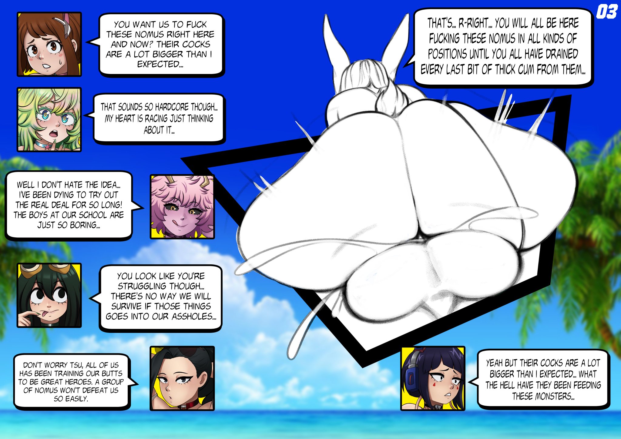 1boy1girl, 1monster, 6girls, anal, anal sex, ashido mina, ass, asui tsuyu, balls, balls deep, beach, big ass, big balls, cum, cum in ass, cum inside, english text, female, hagakure tooru, hagakure tooru (visible), huge balls, impact lines, jirou kyouka, kyoka jiro, large ass, large butt, male, mina ashido, mirko, miruko, momo yaoyorozu, multiple females, multiple girls, my hero academia, nowajoestar, ochako uraraka, outdoors, outside, penis, rabbit ears, rabbit tail, rumi usagiyama, tagme, tail, text, tooru hagakure, tooru hagakure (visible), tsuyu asui, uraraka ochako, usagiyama rumi, yaoyorozu momo