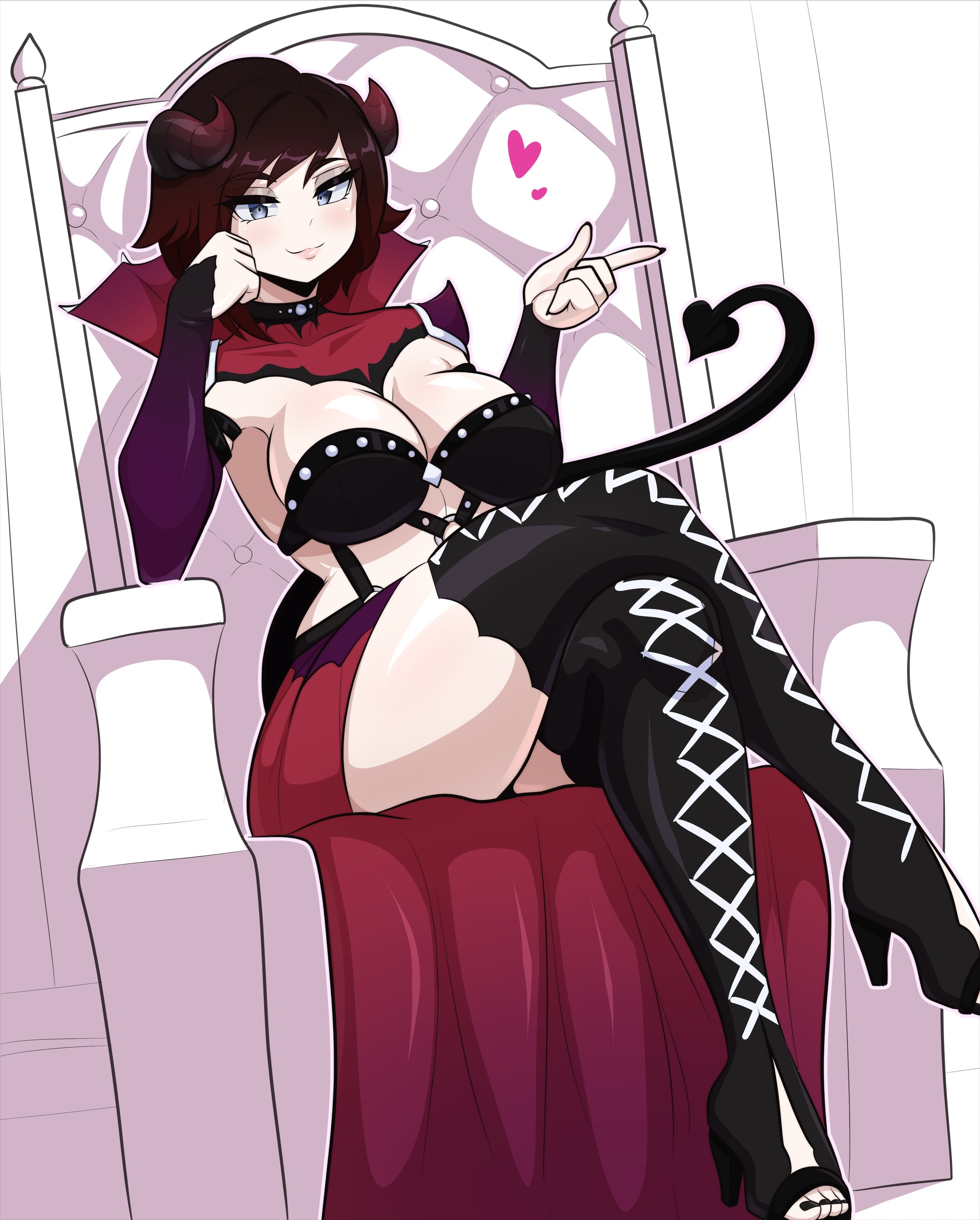 1girls, big breasts, black boots, black dress, black hair, black nail polish, boots, breasts, choker, cleavage, collarbone, crossed legs, demon girl, demon horns, demon tail, female, female only, gloves, gradient hair, high heel boots, high heels, kinathefox, light skin, light-skinned female, multicolored hair, nail polish, red hair, red skirt, ruby rose, rwby, short hair, sitting, sitting on throne, smile, solo, thick thighs, thigh boots, thighs, throne, white background, wide hips