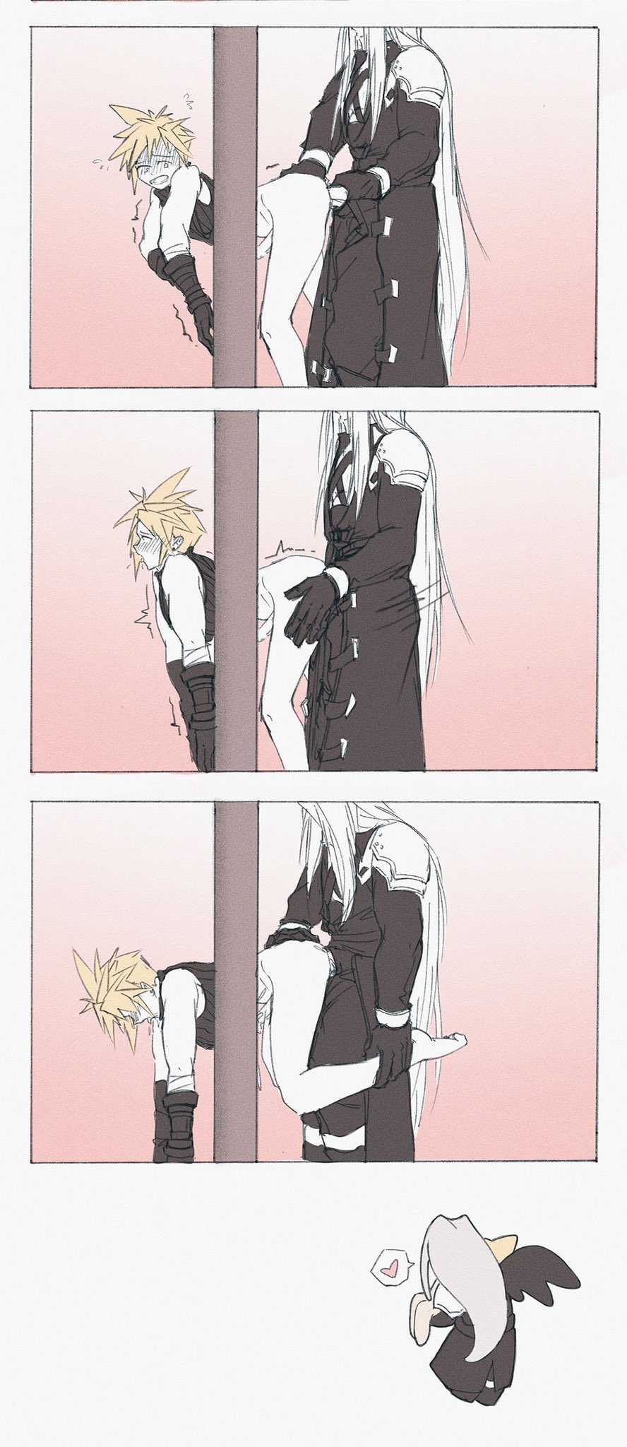 2boys, anal, anal sex, ass, blonde hair, blush, bottomless, clothing, cloud strife, comic strip, cum, cumshot, final fantasy, final fantasy vii, gay, gay sex, gloves, hand on ass, hand on butt, imminent penetration, imminent sex, limited palette, looking at viewer, male, male/male, pleasure face, sephiroth, sex, shocked expression, spiky hair, square enix, stuck, stuck in wall, tagme, twink, white hair, yaoi