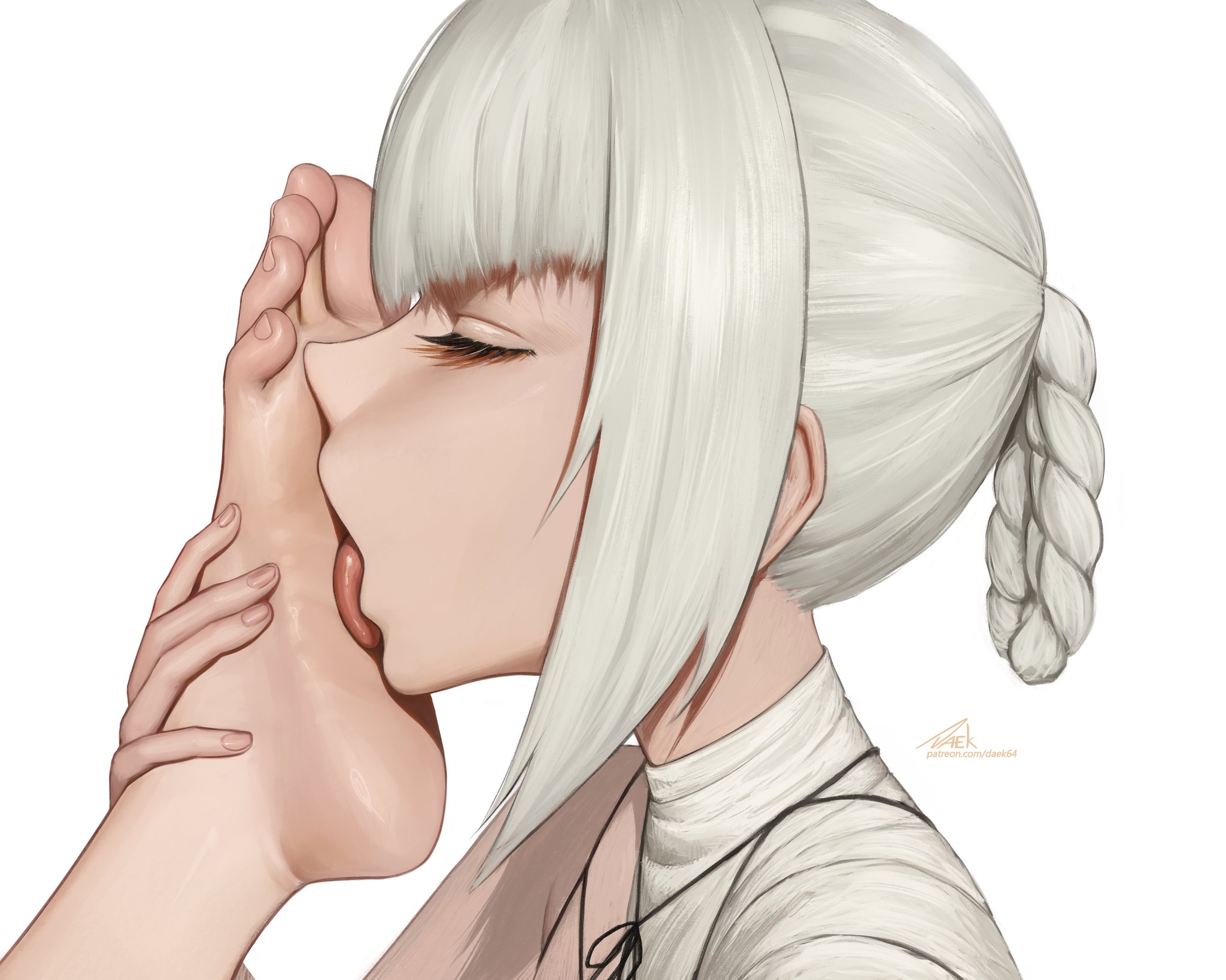 absurdres, barefoot, closed eyes, delicious female feet, delicious female foot, delicious female soles, delicious foot, dude-doodle-do, feet, feet on face, female, female focus, foot fetish, foot focus, foot grab, foot lick, foot worship, highres, kaine (nier), licking foot, licking soles, nier, nier (series), nier replicant, soles, soles fetish, tasty feet, toes, tongue on foot, tongue out, white hair