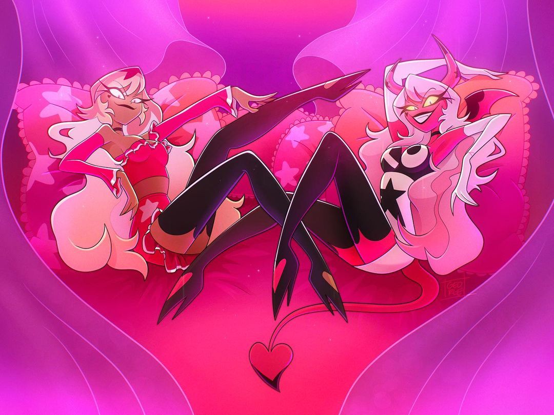 2girls, clothed, demon, female, female only, helluva boss, legs, legs up, looking at viewer, safe, seductive, sfw, succubus, succubus horns, succubus tail, succubus wings, touching self, verosika mayday (helluva boss)