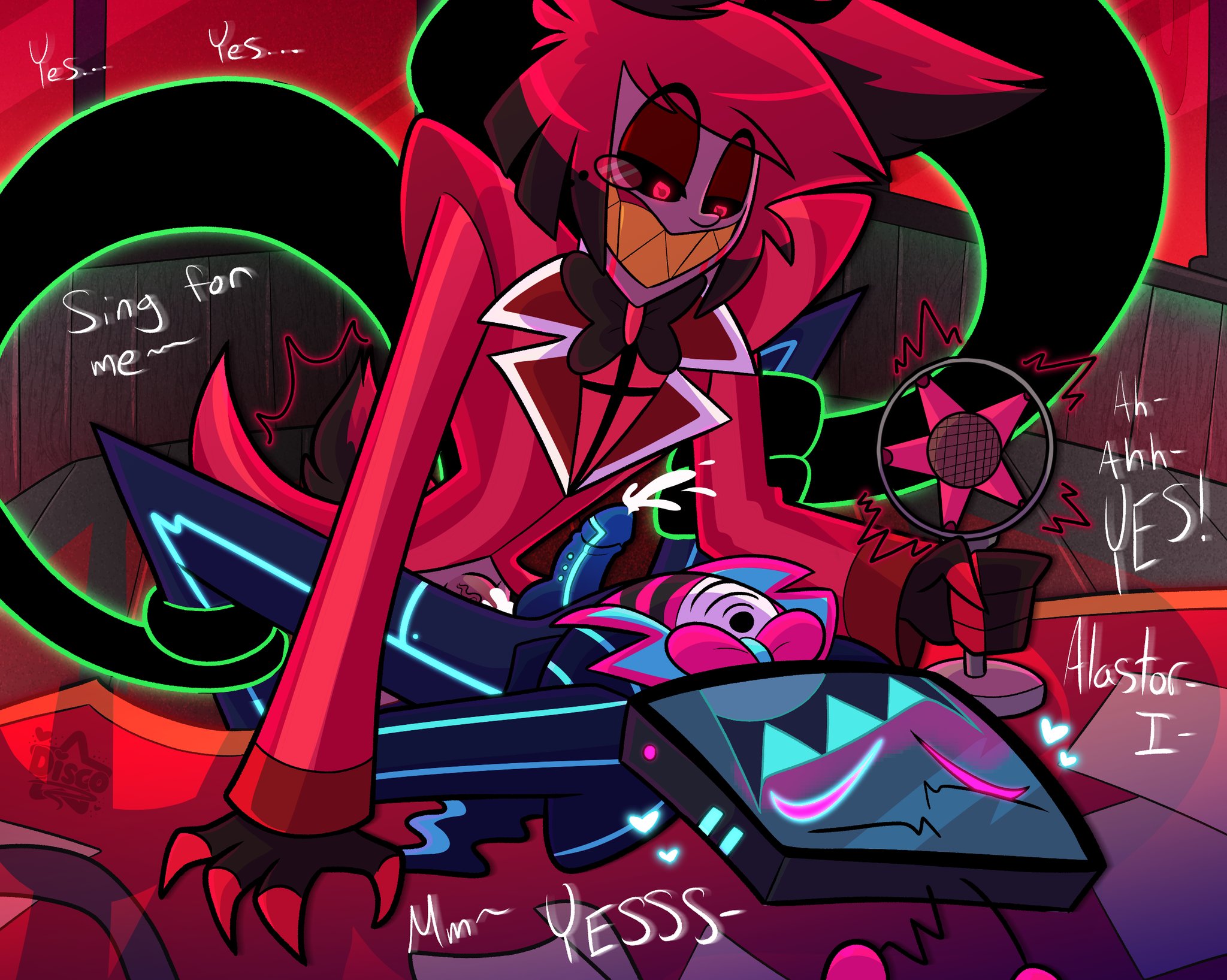 2boys, alastor (hazbin hotel), anal, anal sex, bound legs, cum, cum inside, cum on body, disco draws, exhibitionism, gay, half-dressed, hazbin hotel, lying, lying on back, male, male/male, tentacle, vox (hazbin hotel)
