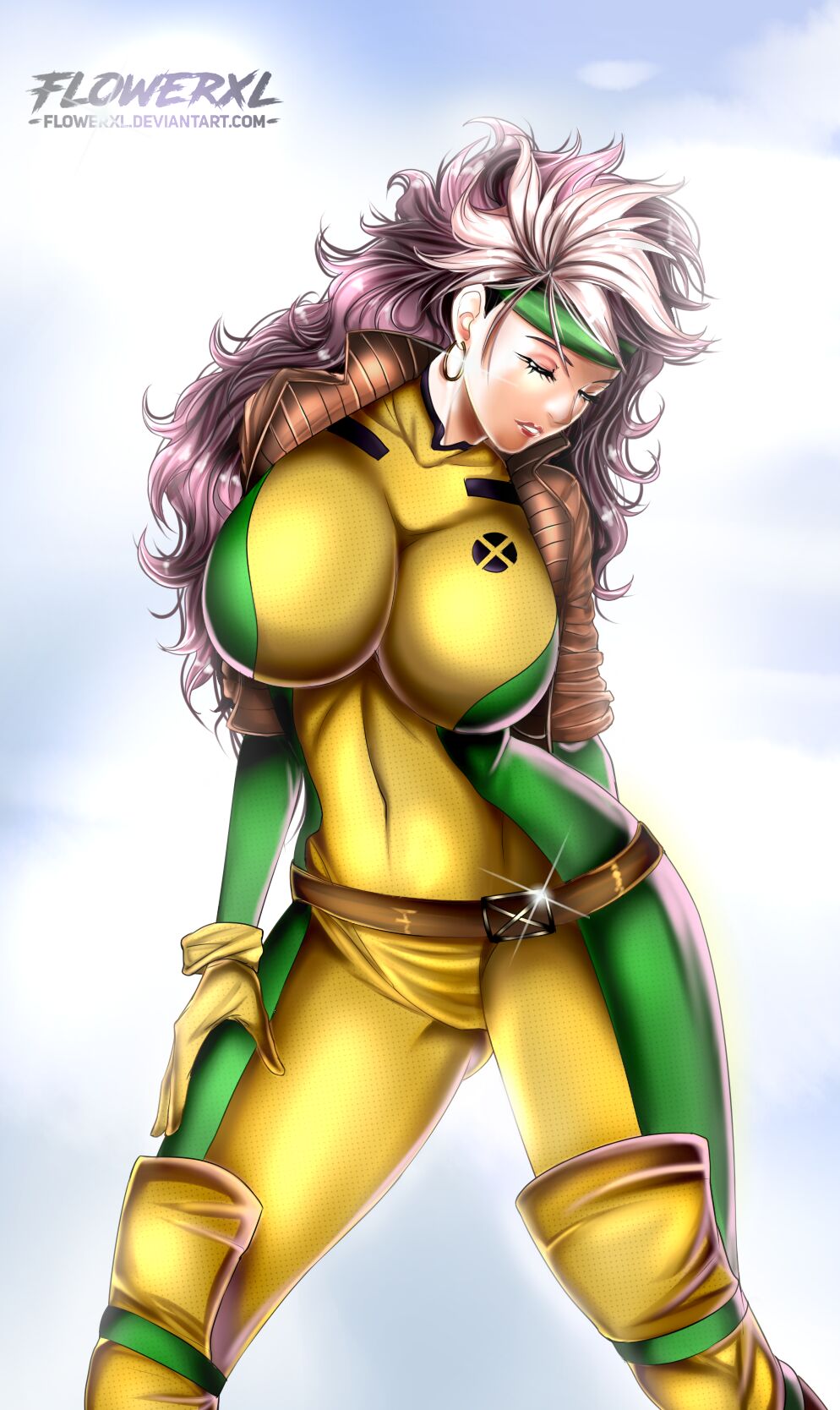 1female anna_marie blue_background blurry_background bodysuit breasts closed_eyes earrings female female_only fit fit_female flowerxl front_view hand_on_hip jacket large_breasts light-skinned_female long_hair marvel marvel_comics mutant rogue_(x-men) standing white_and_black_hair x-men yellow_gloves