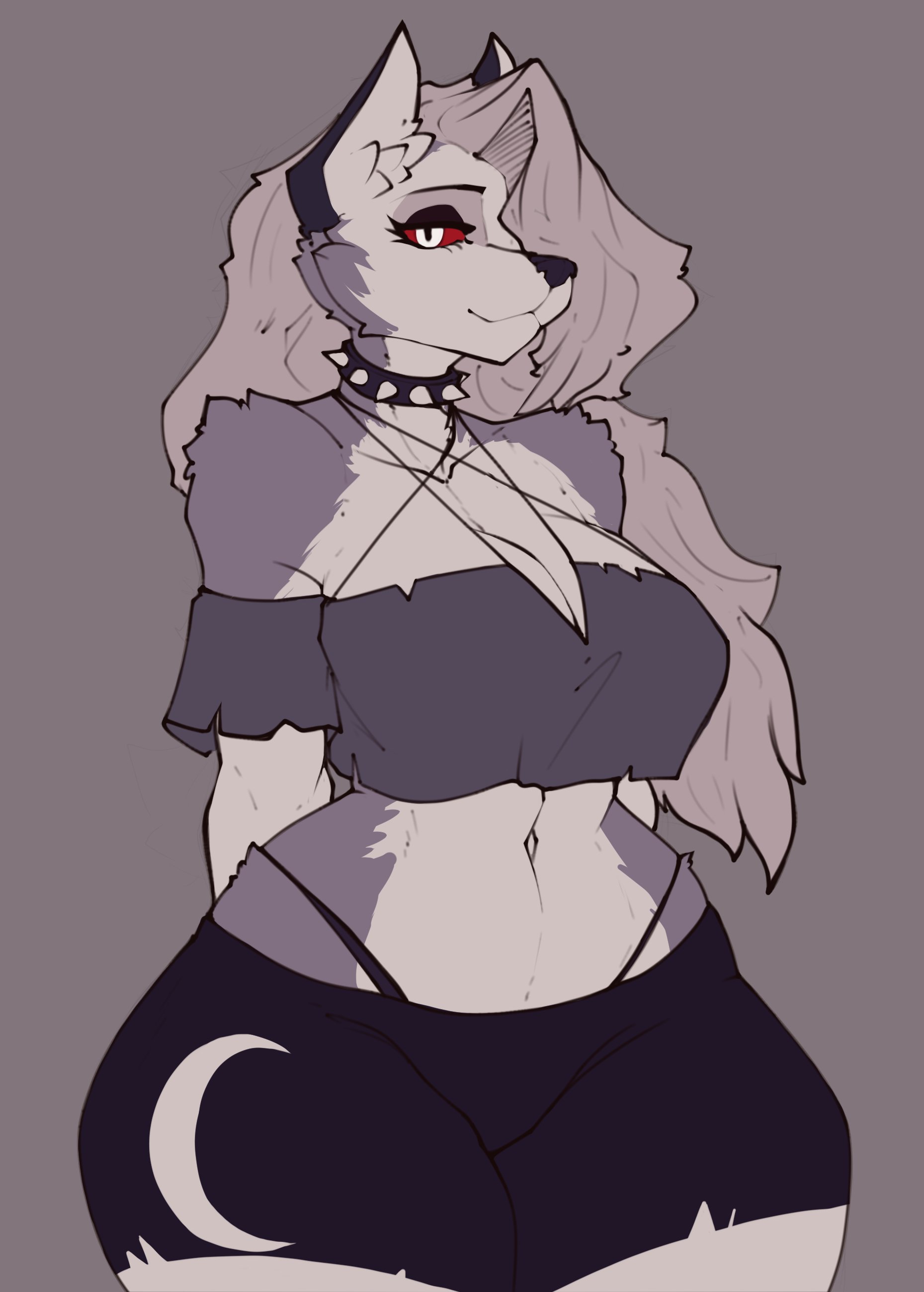 1girls, anthro, blank background, coatl (artist), curvaceous, female, fur, furry, hellhound, helluva boss, long hair, looking at viewer, loona (helluva boss), spiked collar, tagme, thecoatl034, thick thighs, white body, white fur, white hair, wide hips