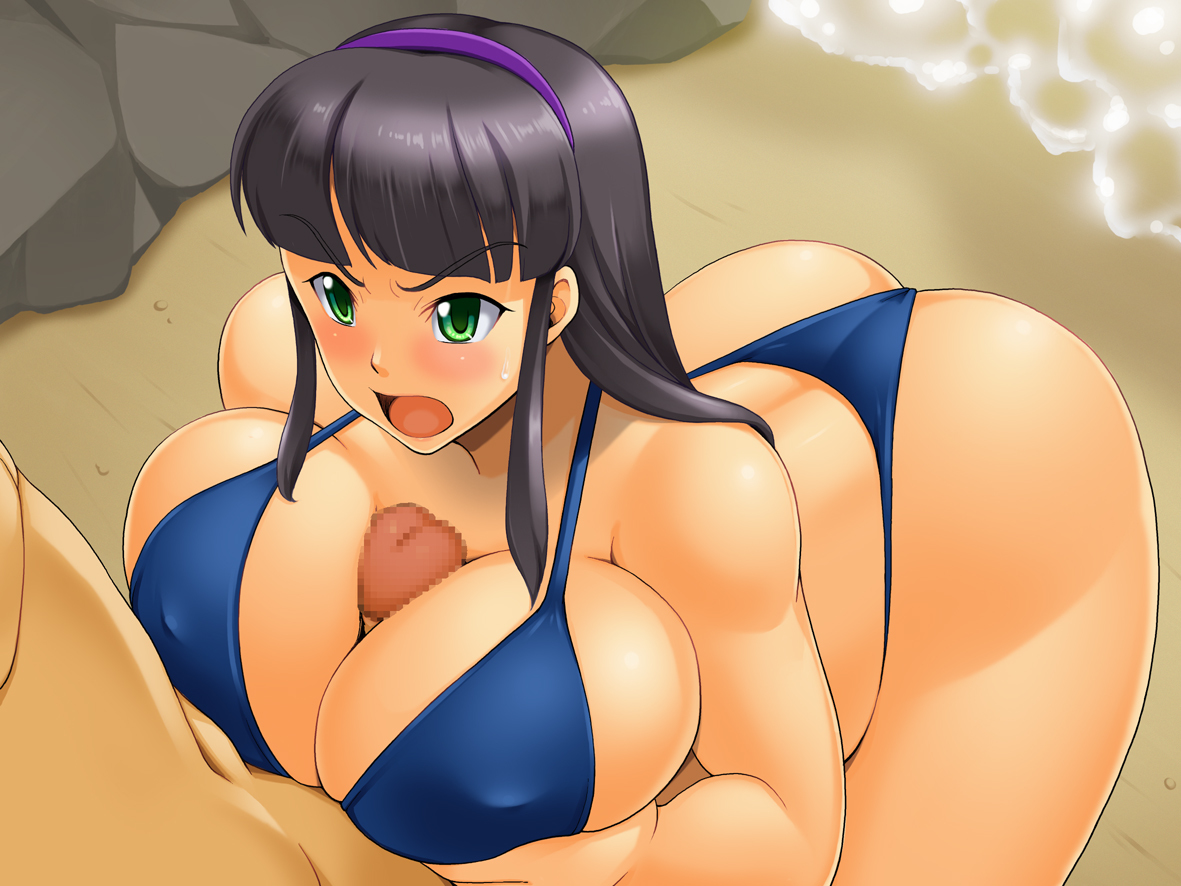 ass, beach, breasts, censored, copyright request, female, green eyes, headband, kawanuma uotsuri, large breasts, male, ocean, paizuri, penis, straight