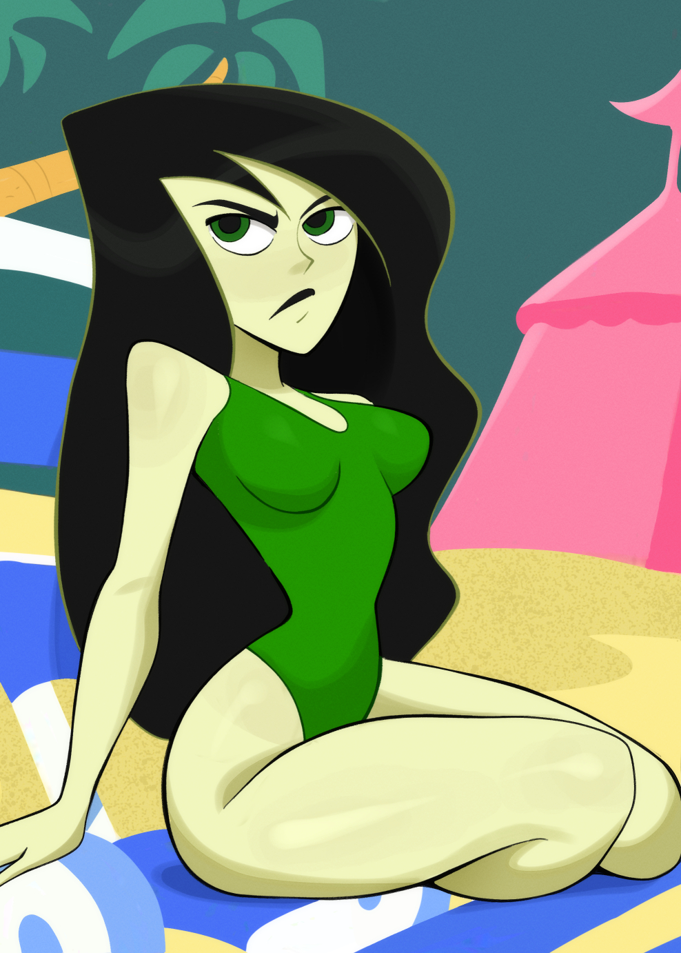 1girls 2024 black_hair disney disney_channel female female_focus female_only green_eyes green_skin kim_possible long_hair newguy1091 shego small_breasts solo swimsuit