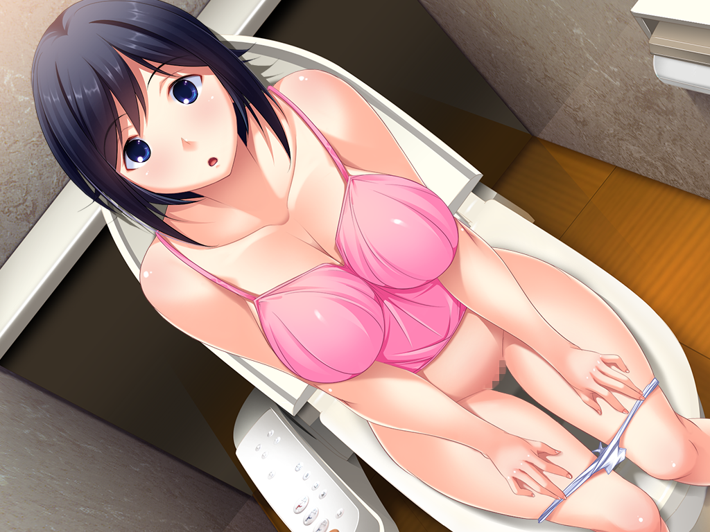 bathroom blue_eyes blue_hair blush breasts censored cleavage female from_above game_cg hanitsuma,_hanitsuma_append_disc_“cosplay_tengoku” highres large_breasts legs looking_up panties panty_pull shinonome_kazuhiko sitting solo surprised thighs toilet underwear