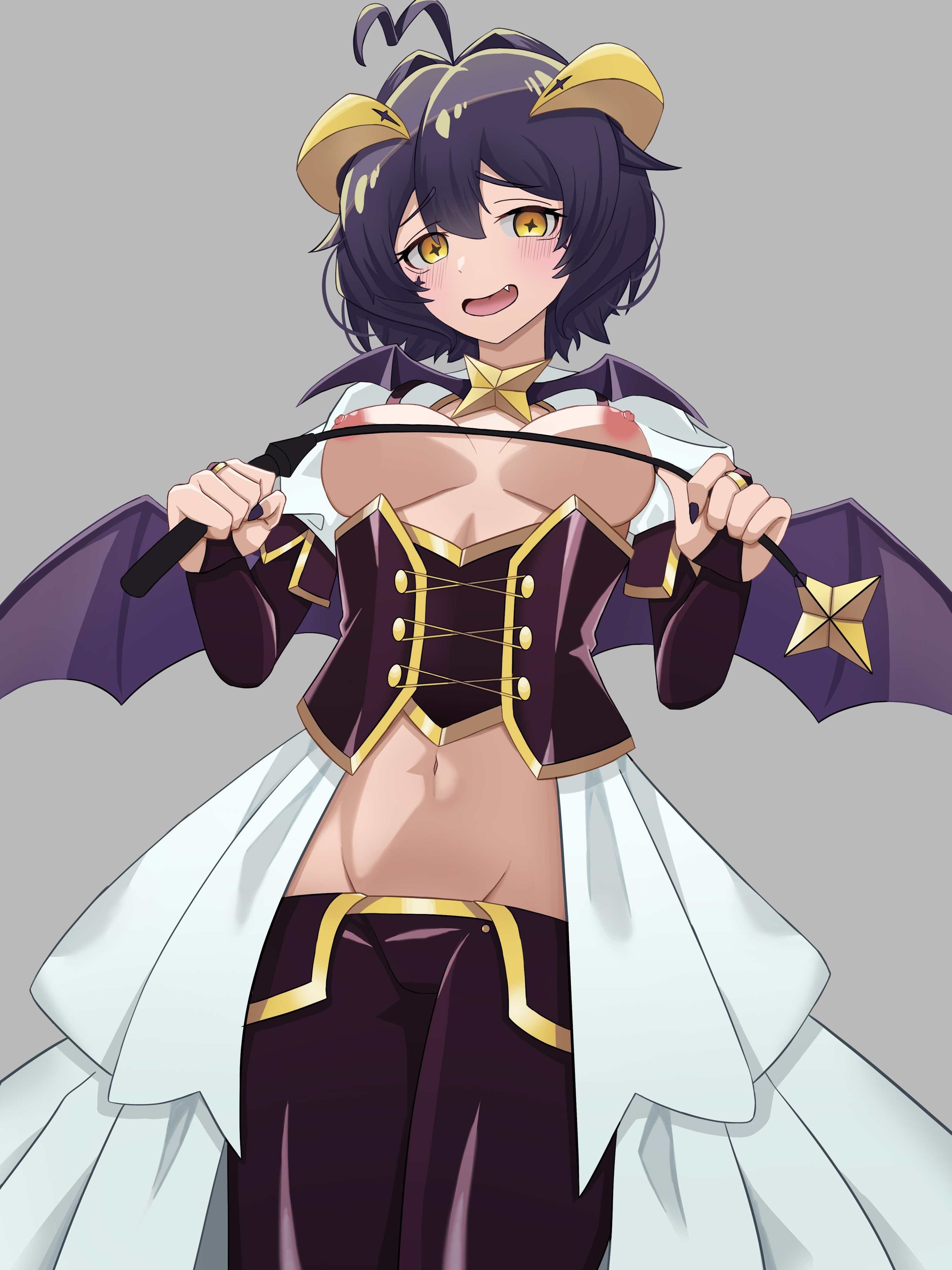 1girls, breasts, demon horns, demon wings, exposed breasts, female, female only, hiiragi utena, magia baiser, mahou shoujo ni akogarete, open clothes, riding crop, solo, tina (tina030)