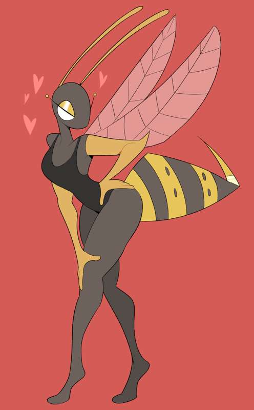 2d 2d_(artwork) black_clothing bug digital_media_(artwork) female female_only grey_body heart heart hips idolomantises insect_wings insects long_legs mothmilfs pose red_background wasp