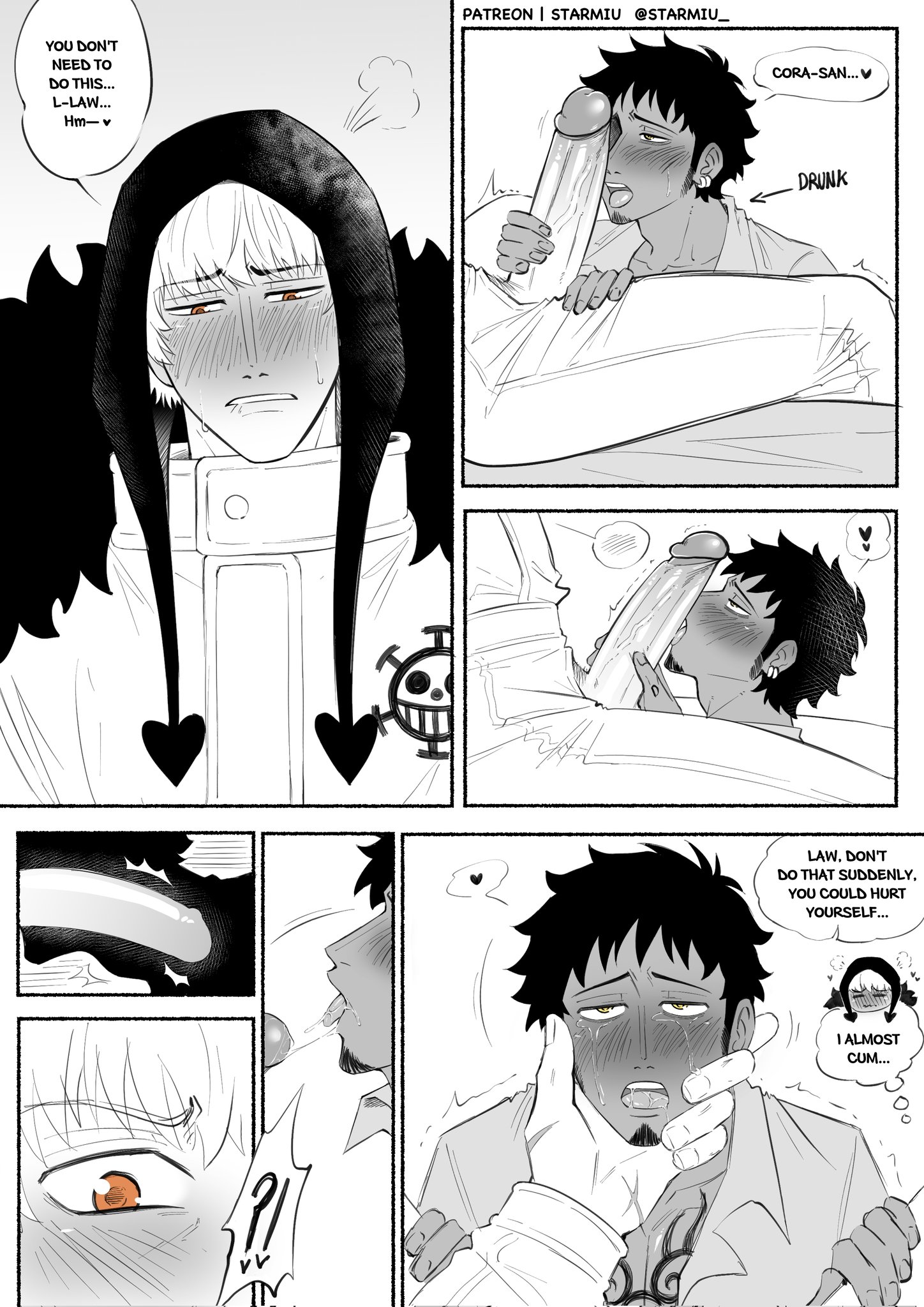 2boys, alternate universe, blush, chest tattoo, crying, crying with eyes open, deepthroat, donquixote rosinante, earrings, english text, erection, facial hair, fellatio, full-face blush, gay, goatee, hand on another's face, hand tattoo, heart, jewelry, large penis, looking at another, male, male focus, male only, monochrome, multiple boys, multiple males, one piece, open mouth, oral, orange eyes, penis, penis grab, short hair, sitting, starmiu, tattoo, tears, thought bubble, trafalgar law, trembling, x-ray, yaoi