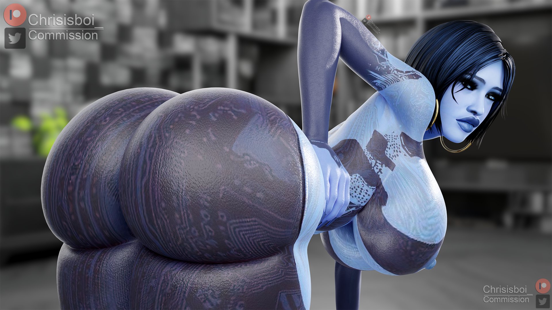 1girls, 3d, 3d (artwork), ass, ass focus, bent over, big ass, big breasts, bimbo, blue body, blue eyes, breasts, bubble ass, bubble butt, chrisisboi , cortana, earrings, female, halo (series), hoop earrings, huge ass, huge breasts, looking at viewer, nipples, nude, nude female, short hair, solo, solo female, thick lips, voluptuous