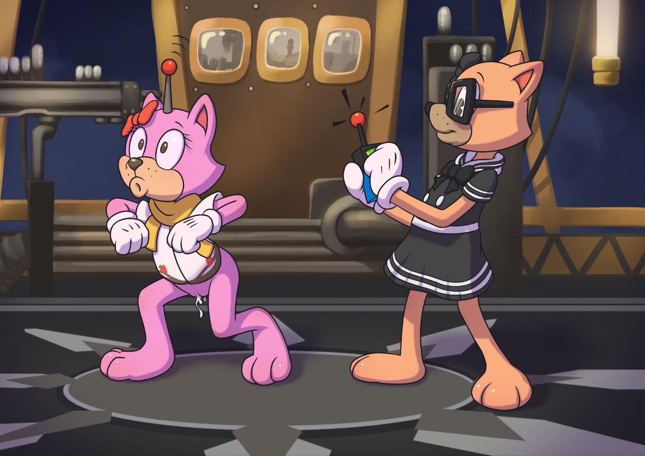 anthro chicken_dance clothing dancing domestic_cat duo eyewear felid feline felis female female/female fur glasses gloves handwear hypnosis jennifer_(toontown) mammal mind_control minum pancake_(toontown) pink_body pink_fur ribbons scarf tan_body tan_fur toontown_corporate_clash toontown_online