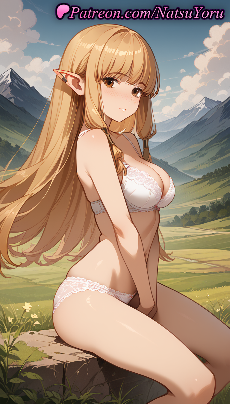 1girls ai_generated anime anime_style bangs bare_arms bare_legs bare_shoulders between_legs blonde_hair blue_sky blush bra breasts brown_eyes bust busty cleavage closed_mouth cloud day ear_piercing earrings elf female female_focus female_only frieren_beyond_journey's_end from_side grass hair_tubes hand_between_legs hentai jewelry lace-trimmed_bra lace_trim large_breasts lingerie long_hair looking_at_viewer medium_breasts mountain mountainous_horizon natsuyoru navel outdoors panties parted_lips piercing pointy_ears serie_(sousou_no_frieren) sidelocks sitting sky solo solo_female sousou_no_frieren stomach thighs underwear underwear_only v_arms voluptuous voluptuous_female white_bra white_panties