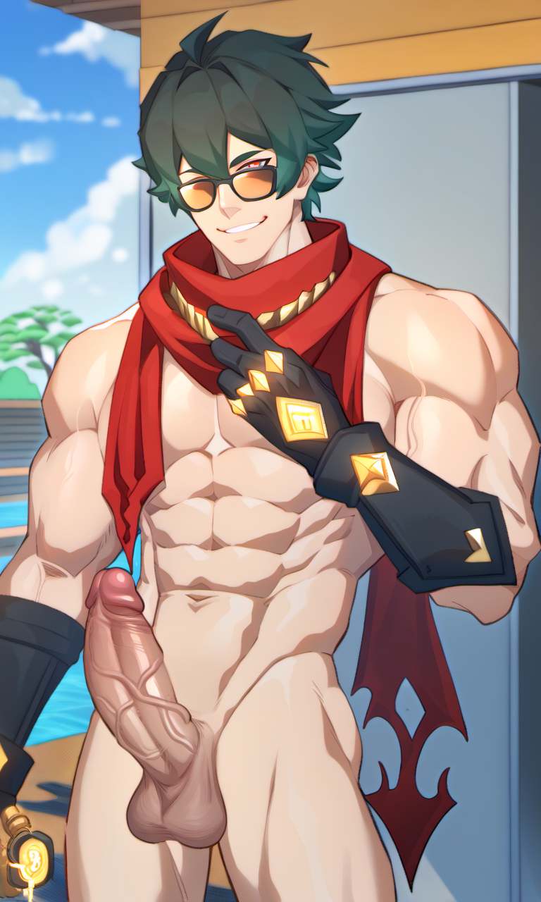 ai_generated big_penis gloves lighter_(zenless_zone_zero) male_only muscle_boy naked_male red_scarf sunglasses veiny_penis zenless_zone_zero