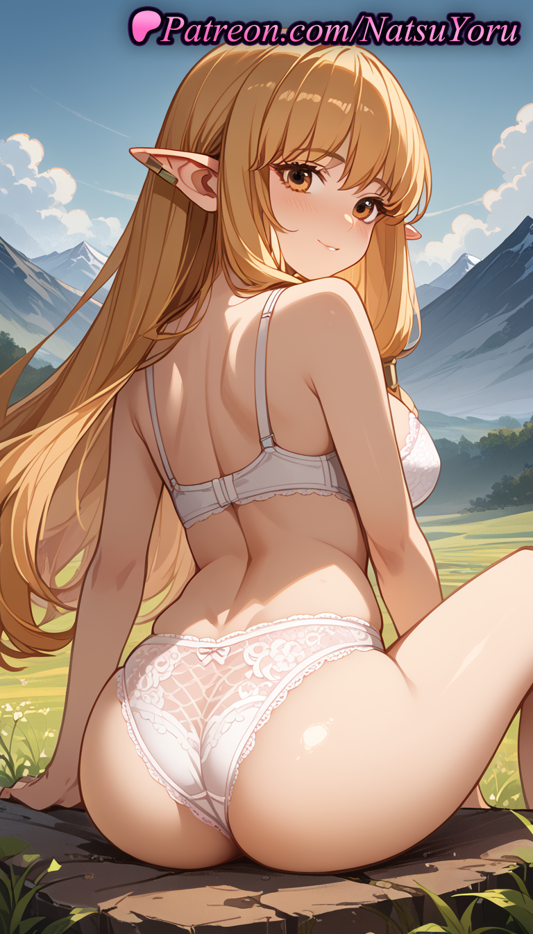 1girls ai_generated anime anime_style ass back bangs bare_arms bare_shoulders blonde_hair blue_sky blush bra breasts brown_eyes bust busty closed_mouth cloud day ear_piercing earrings elf female female_focus female_only frieren_beyond_journey's_end from_behind hentai jewelry juicy_butt lace-trimmed_panties lace_trim large_breasts lingerie long_hair looking_at_viewer looking_back median_furrow medium_breasts mountain mountainous_horizon natsuyoru outdoors panties parted_lips piercing pointy_ears serie_(sousou_no_frieren) shoulder_blades sidelocks sitting sky smile solo solo_female sousou_no_frieren thighs underwear underwear_only voluptuous voluptuous_female white_bra white_panties