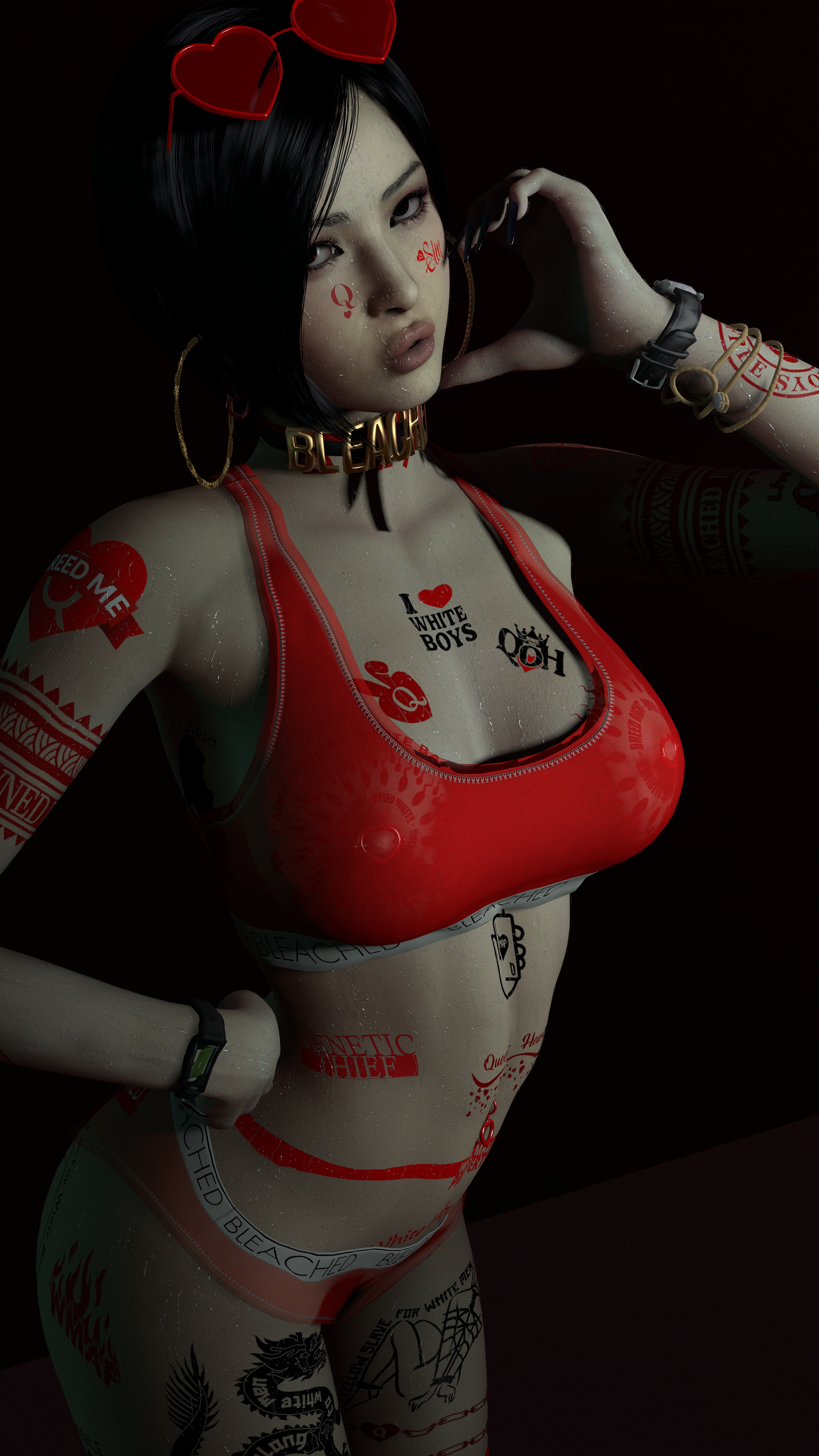 3d, 3d (artwork), 3d model, 3d render, ada wong, asian, asian female, ass, ass focus, barefoot, bikini, black hair, black nails, bleached, bleached clothing, bleaching pov, body writing, breasts, breasts out, choker, cleavage, collar, curvy, curvy female, curvy figure, earrings, feet, female, female torso, heart earrings, heart glasses, heart hands, heart sunglasses, hoop earrings, lingerie, looking at viewer, nipples visible through clothing, painted nails, pinup, pose, posing, qoh, queen of hearts, queen of hearts earrings, queen of hearts necklace, queen of hearts tattoo, red lingerie, red sunglassesunderboob, resident evil, resident evil 4, ripped clothing, round ass, seductive, shiny skin, short hair, smile, smug, smug face, soles, solo, solo female, sports bra, sweat, tagme, tattoos, tattoos everywhere, wet skin