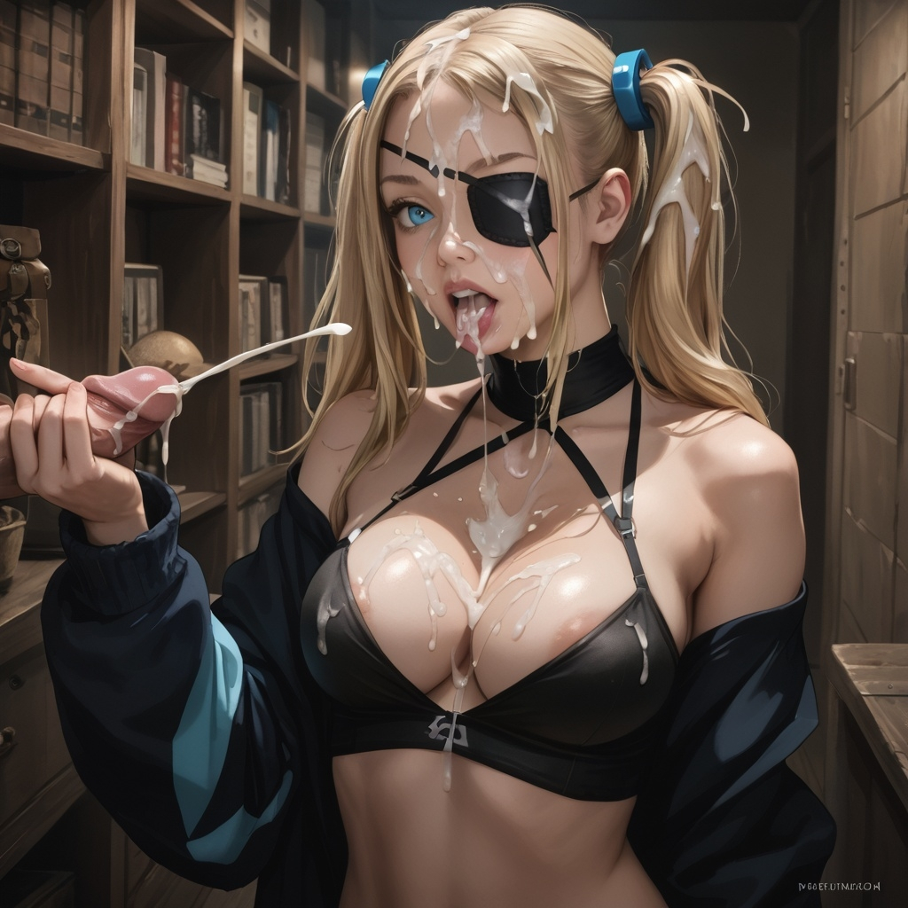 1girls ai_generated big_breasts blonde_hair blunt_bangs books cum cum_in_mouth cum_on_body cum_on_breasts cum_on_face cumshot eyepatch handjob lioram00n original_character twintails zara